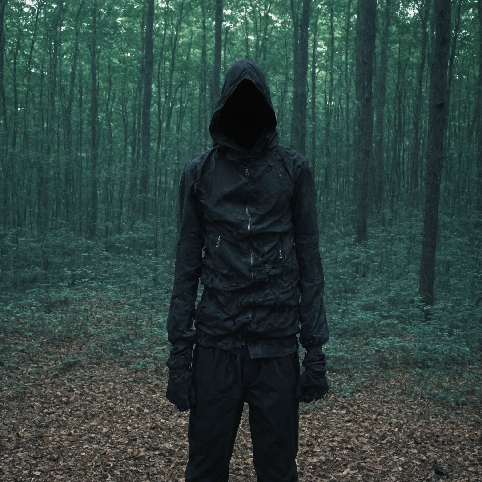 (torn clothes, scuffed clothes, dirty clothes,night,total black,black clothes:1.7),a person in a black leather jacket standing in the woods with a hood on and a bandage on their head,mask head,Distorted New Demon W Some Blue Details mask,no face,dark, bad quality,film grain,motion,japanese mountain,1000, polaroid, grainy,Montreal,fight on background,A cinematic shot,motion,motion blur,(rush, motion blur),ghostly,ghost,fight,trump ghost,japan city,Tokyo,metropolis,no face,by Laura Makabresku,by Nirav Patel, dark shot, epic,opium,fashion,burn,forest ,archive,(sepia,gradient:1.5)<lora:archivestyle:1>