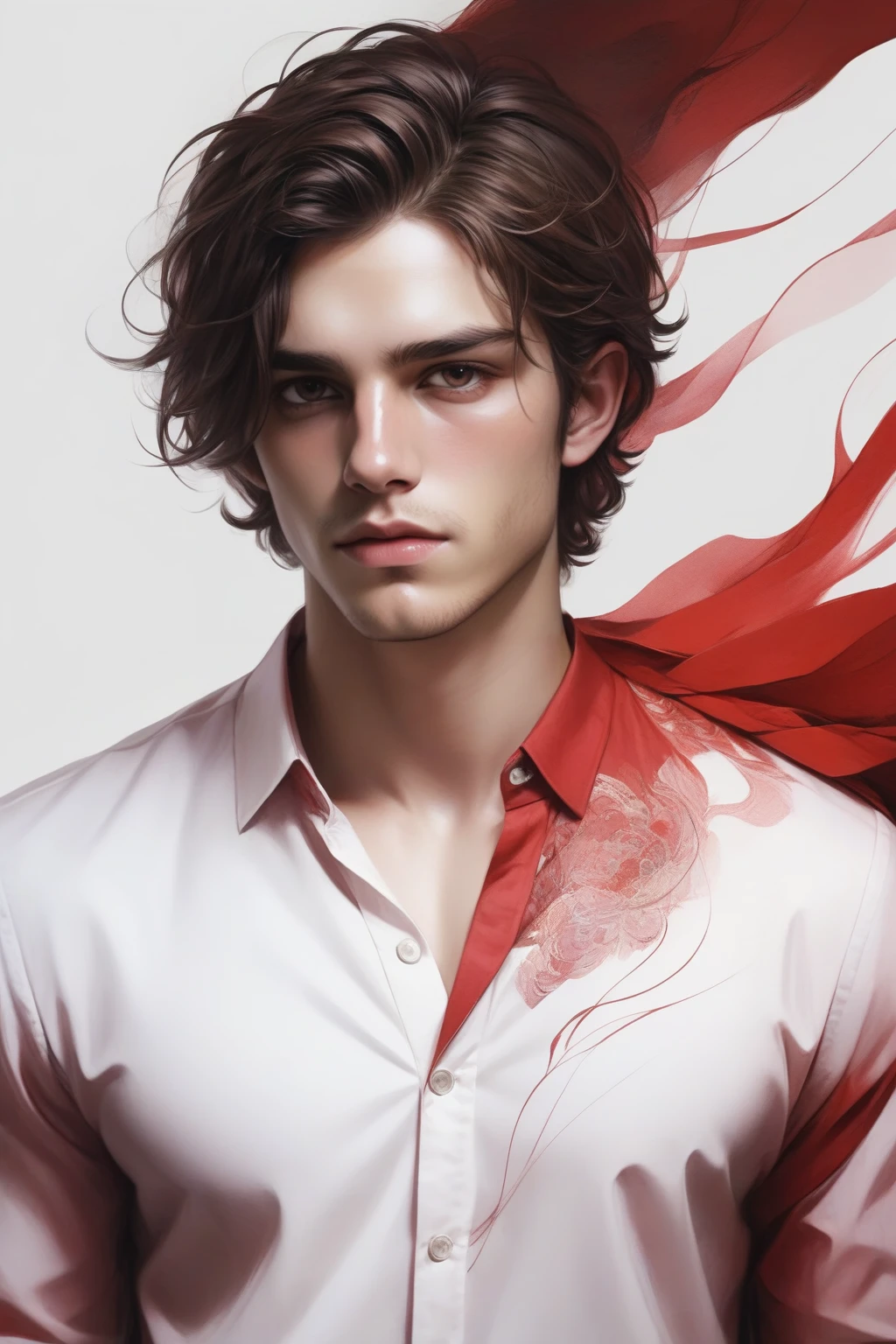 male, brown hair, wavy hair, brown eyes, scar on left eye, clothes in red shirt, portrait, two tone masterpiece by Agnes Cecile, concept art, intricately detailed, complex<lora:Doran XL:0.8> doran