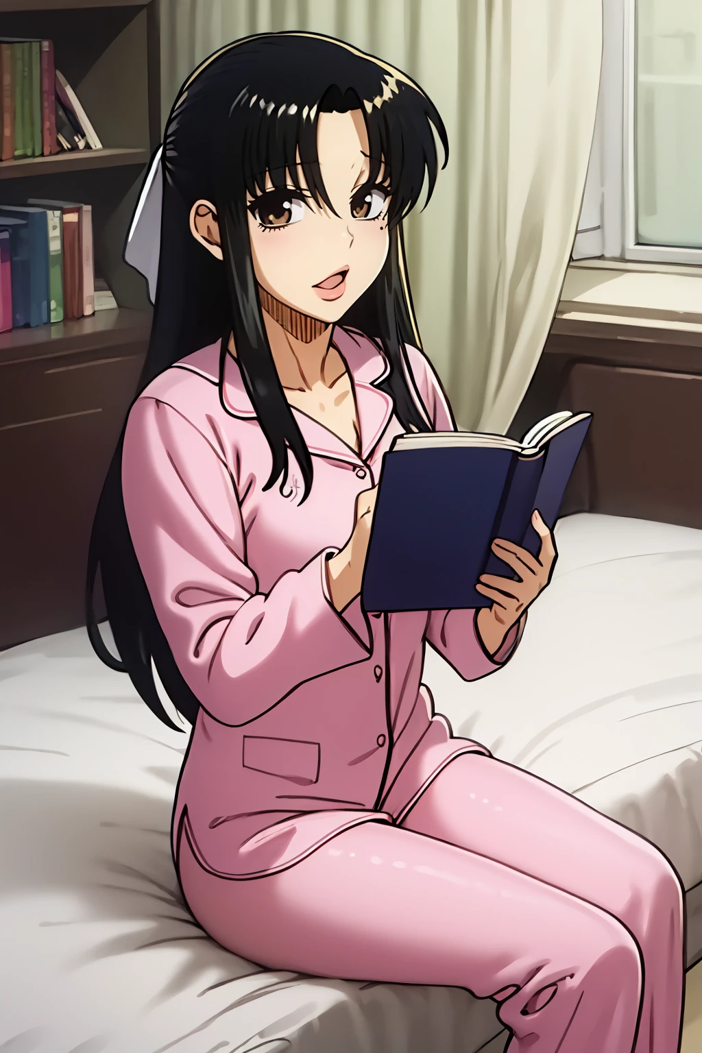 high quality, best quality,  1girl, <lora:Nana:0.9> n4n4,bow, pink pajamas, sitting, on bed, reading, book, from_illustration, from_manga, cowboy shot