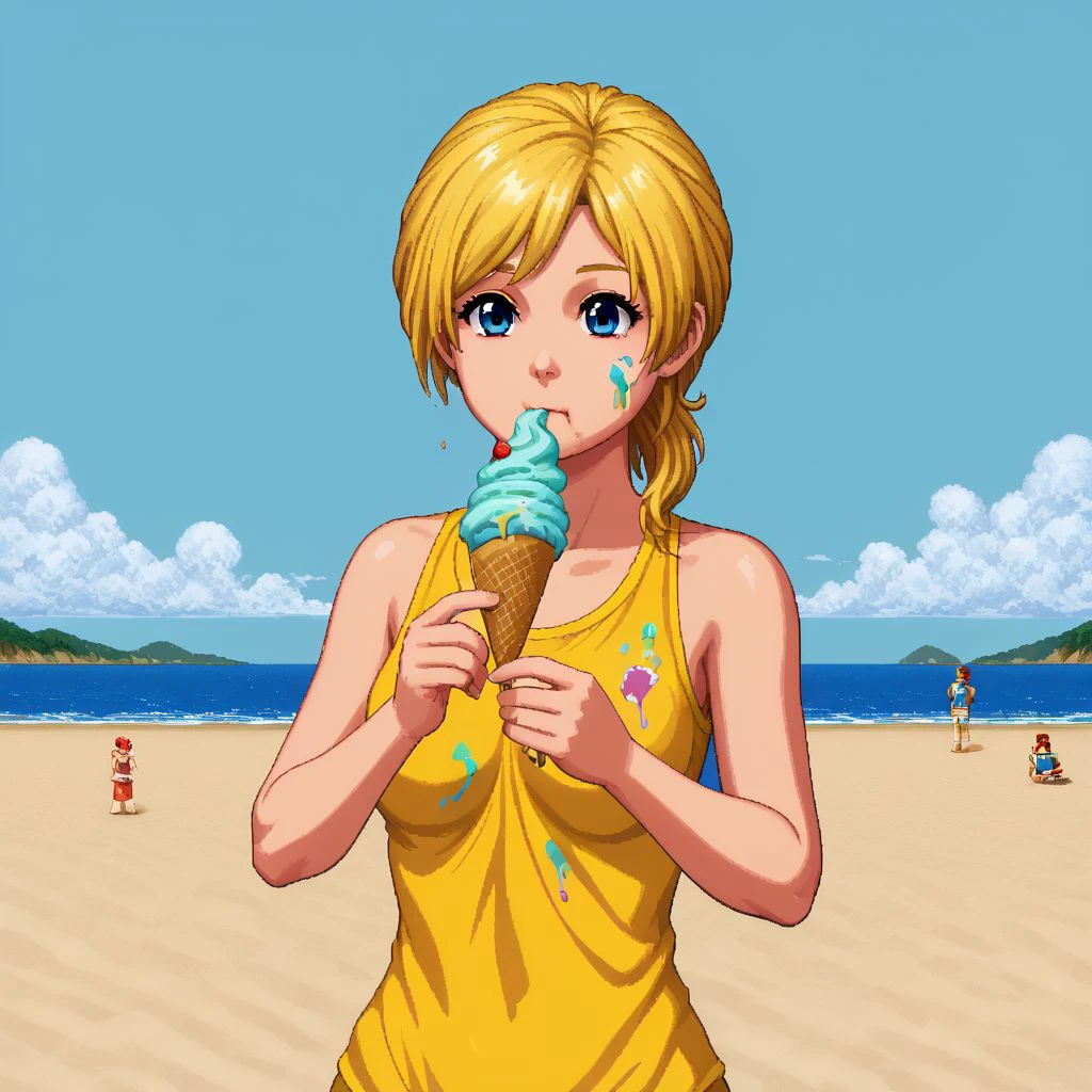 snes style, A woman eating ice cream on the beach, conservative clothing, dripping paint , 16bit, pixel art