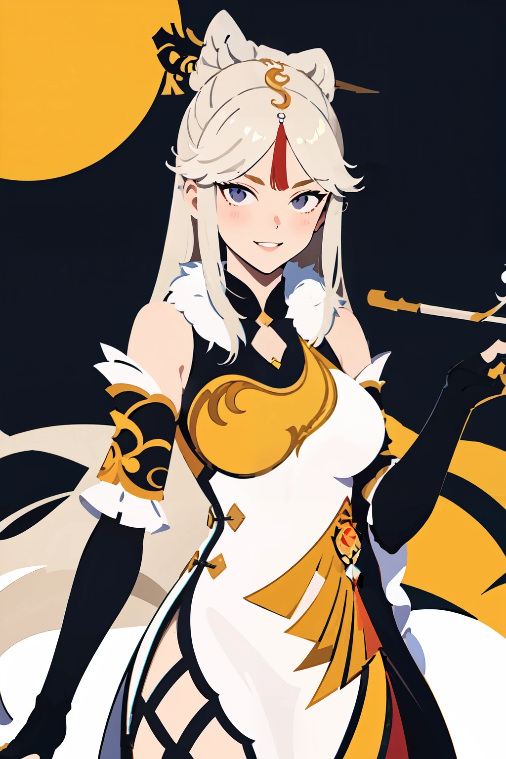 <lora:Ningguang_Genshin:0.8>,   ningguang (genshin impact), black gloves, china dress, chinese clothes, claws, cowboy shot, detached sleeves, dress, elbow gloves, fur collar, gloves, hair ornament, hair stick, highres, index finger raised, kiseru, knot, light blush, light smile, looking to the side, medium breasts, ningguang (genshin impact), parted bangs, parted lips, short sleeves, sidelocks, signature, simple background, smoking pipe, tassel, tassel hair ornament, taut clothes, taut dress, thighs, upper body, very long hair, white background, wide sleeves, wxy201014,  <lora:FlatAnime:0.8>,