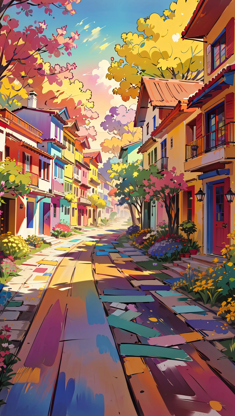 best quality,masterpiece,highly detailed,ultra-detailed, scenery,houses, no humans, brush stroke,alley, houses,flowers
 <lora:neg9V2_last:0.5> <lora:cartoonisationer-V4-8:0.5><lora:cartoonisationer:0.5> <lora:cartoonisationer-21st_ce:1>
  <lora:limitedpalette_last:-1>
 <lora:brushstroke_last:1>