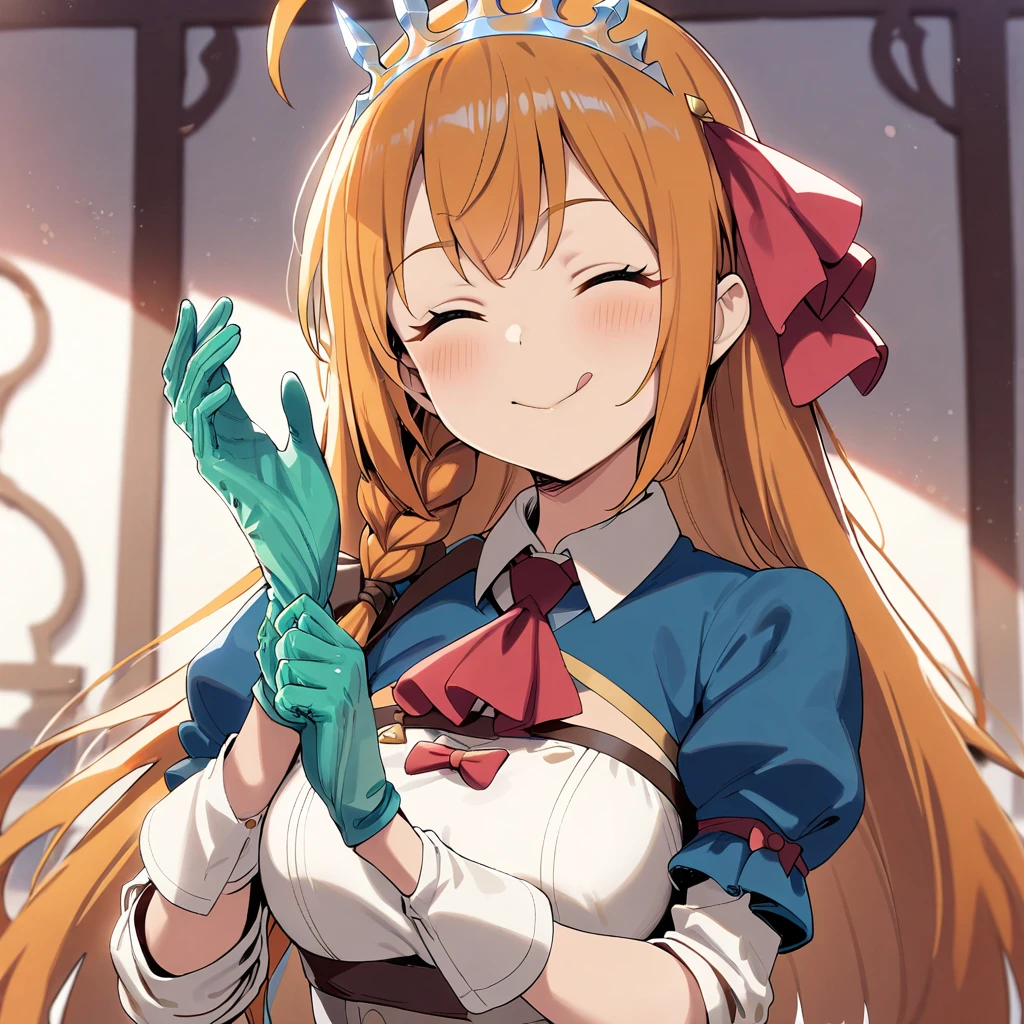 1girl,pecorine \(princess connect!\),adjusting gloves,gloves,closed eyes,smile,:q,green gloves,licking lips,masterpiece, best quality, very aesthetic, absurdres ,      <lora:adjusting glove XL-v1:1>