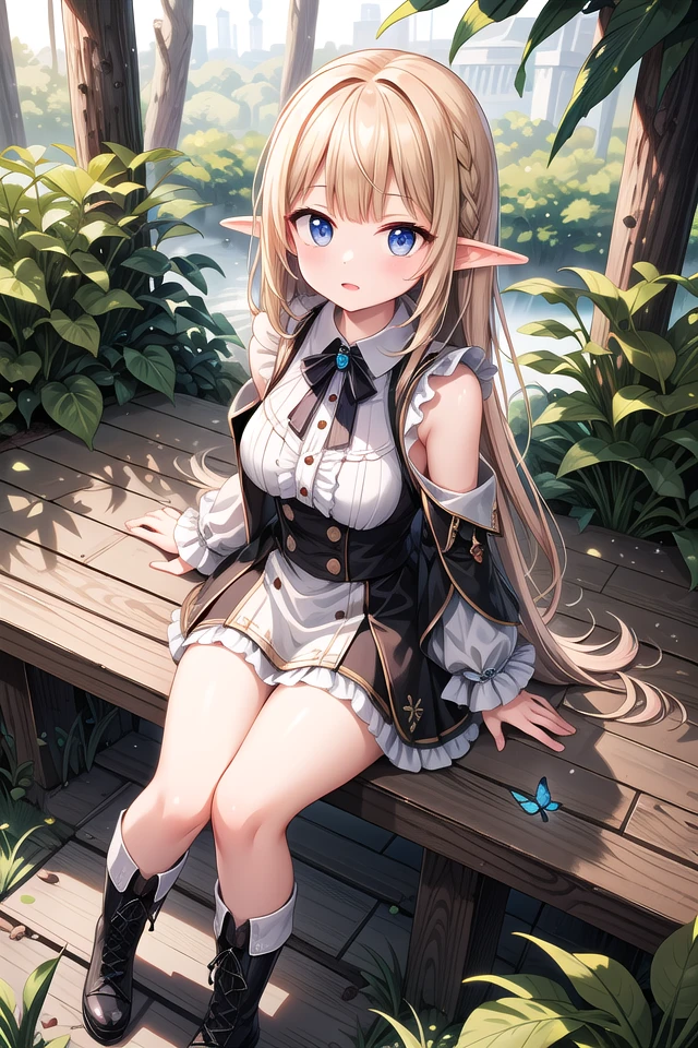 insanely detailed, absurdres, ultra-highres, ultra-detailed, best quality,
1girl, solo, nice hands, perfect hands
BREAK
elf girl, boots
BREAK
sitting on branch,
from above,looking up,
cowboy shot, looking at viewer
BREAK
slender, kawaii, perfect symmetrical face, ultra cute girl, ultra cute face, ultra detailed eyes, ultra detailed hair, ultra cute, ultra beautiful
BREAK
in forest, ground, leaf, butterfly, (wide shot magnificent view:1.2),
(dappled sunlight:1.2), blurry, (depth of field:1.1)
BREAK
shiny hair, blonde hair, blunt bangs