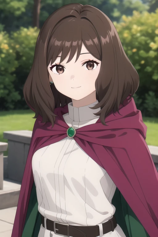 ((masterpiece)),(best quality),official art,extremely delicate and beautiful,extremely detailed CG,unity 8k wallpaper,ultra detailed,beautiful detailed eyes,extremely detailed face,outdoors,1girl,solo,upper body,(portrait:1.5),looking at viewer,facing viewer,smile,medium hair,brown hair,shiny hair,bangs,brown eyes,hooded cloak,purple cape,jewelry,brooch,jewelry,white shirt,long sleeves,medium breasts,belt,long skirt,green skirt,boots,black footwear,<lora:Ehre(snf):0.9>,