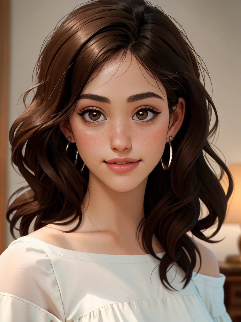 Realistic photo of a beautiful 3mmyr woman,1girl, solo, long hair, looking at viewer, smile, brown hair, shirt, black hair, bare shoulders, brown eyes, jewelry, upper body, earrings, parted lips, teeth, off shoulder, lips, traditional media, freckles, realistic, off-shoulder shirt, soft lighting, professional Photography, Photorealistic, detailed, RAW, analog, sharp focus, 8k, HD, DSLR, high quality, Fujifilm XT3, film grain, award winning, masterpiece<lora:3mmyr:1.0>