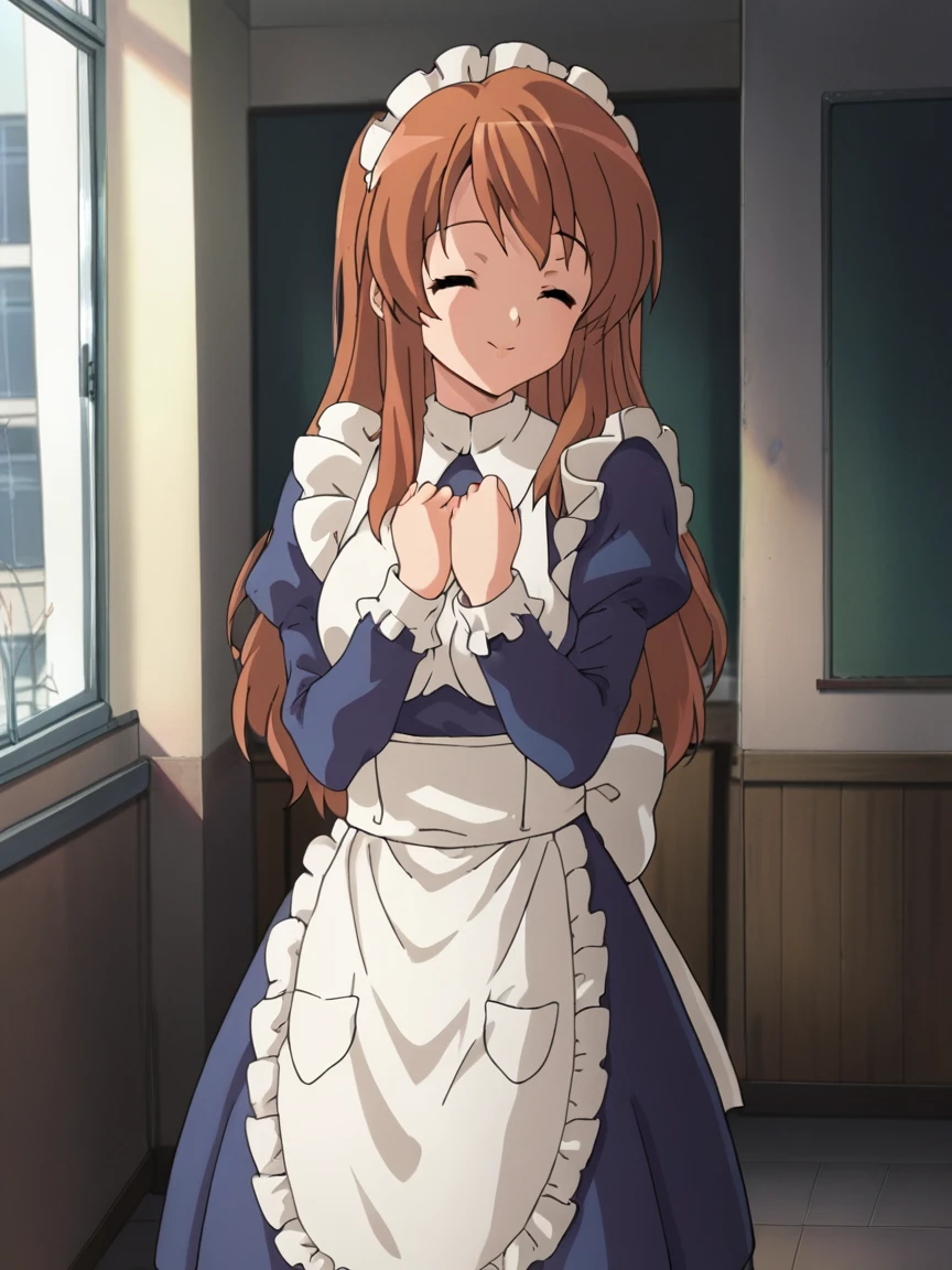 score_9, score_8_up, score_7_up, source_anime, school girl, Mikuru, brown eyes, ginger hair color, long hair, big breasts, maid outfit, long sleeves, <lora:Mikuru_Asahina_SDXL:1>, standing, looking at viewer, soft smile, closed eyes, head on own shoulder, hands on skirt, doorway, indoors, background classroom, front view, portrait, soft light, shadows, masterpiece, 4k, best quality