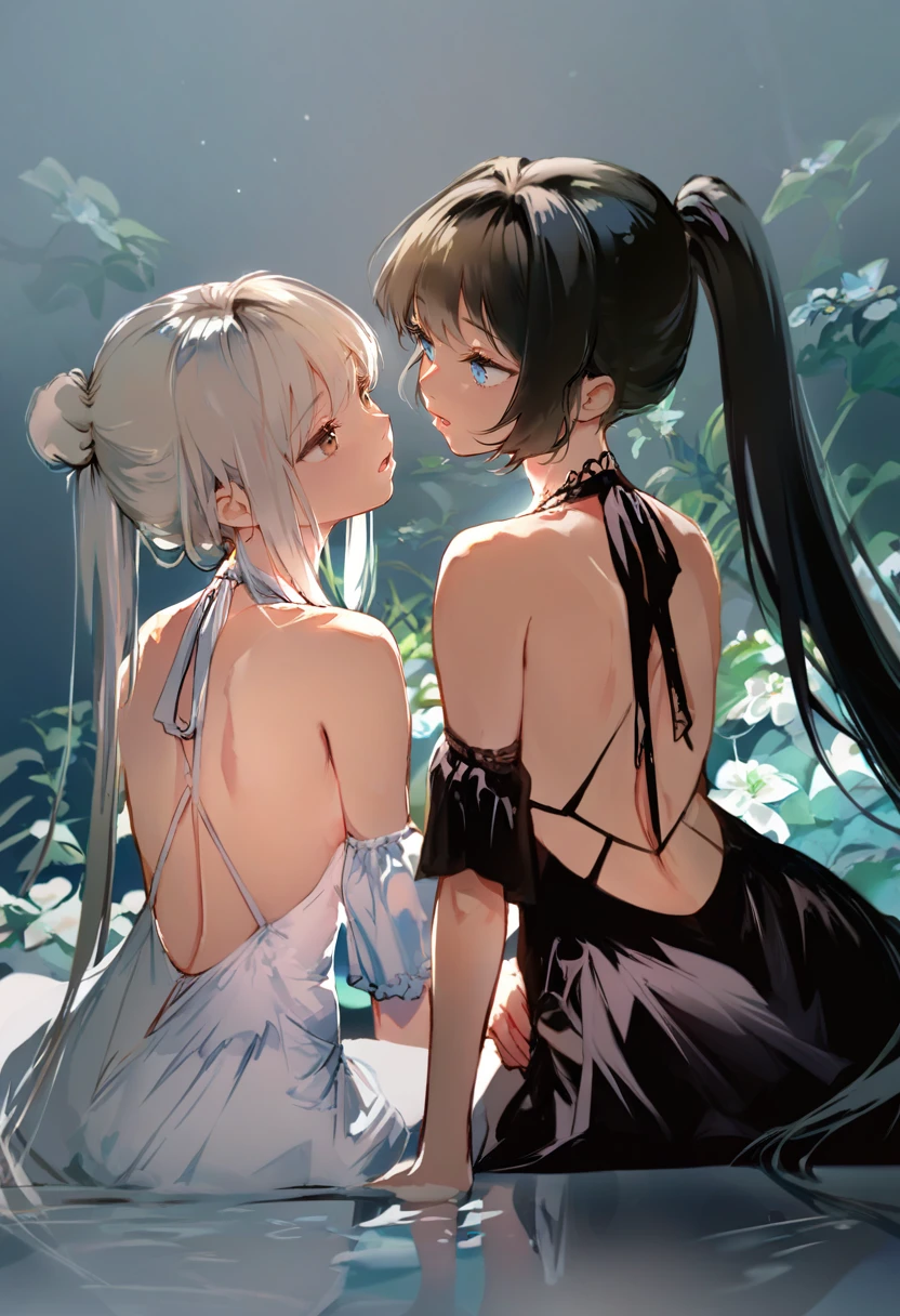 score_9, score_8_up, score_7_up, score_6_up, <lora:anmiXL_P6_lokr_V4236:0.95> multiple girls, 2girls, dress, long hair, black dress, blue eyes, black hair, yuri, ponytail, bare shoulders, backless dress, backless outfit, bangs, white dress, single hair bun, looking at another, hair bun, parted lips, sitting, open mouth, brown eyes, very long hair, detached sleeves, imminent kiss, water, bare back, sidelocks