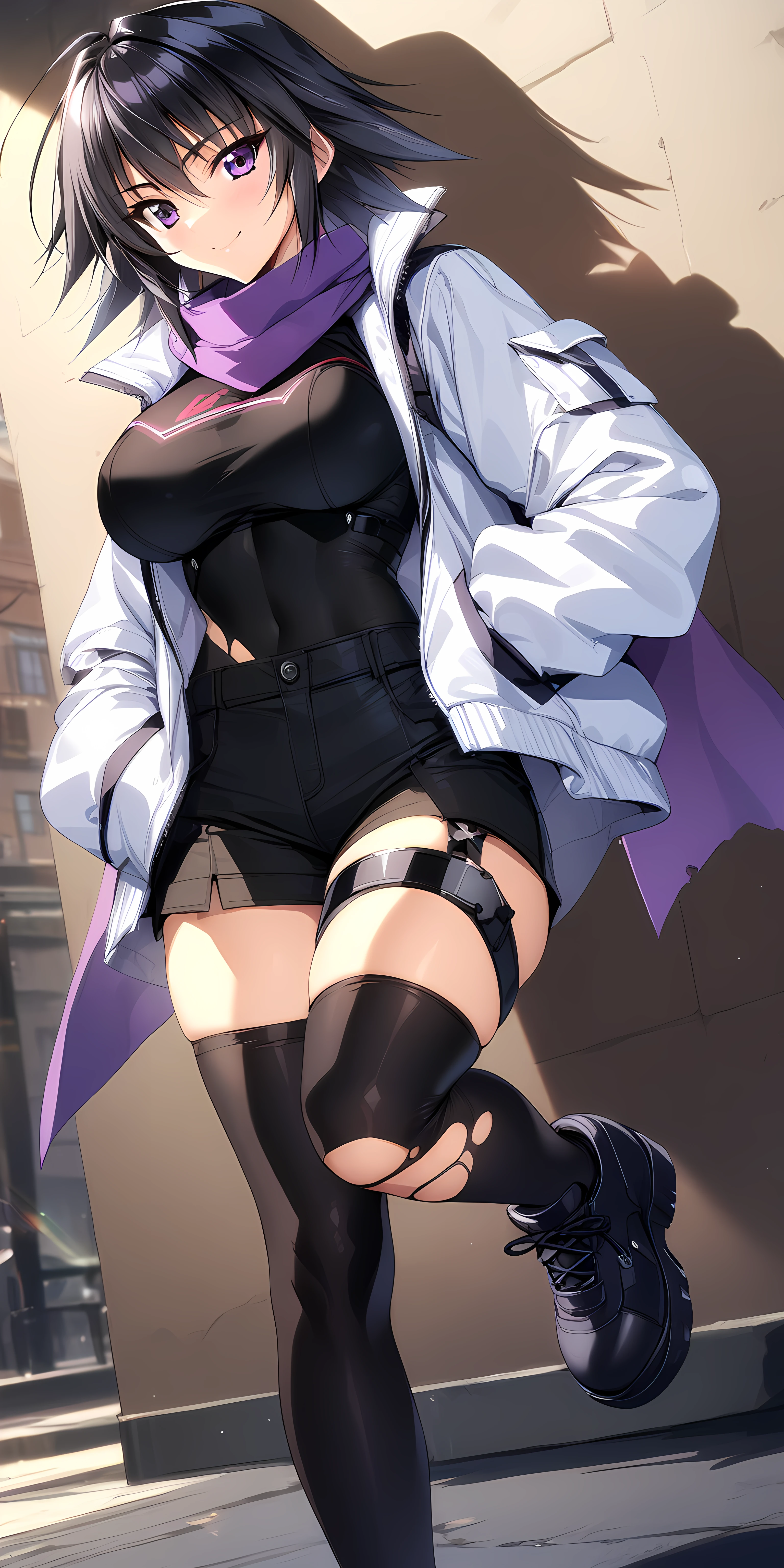 (masterpiece),(best quality),(ultra-detailed),(best illustration),(best shadow),(absurdres),(detailed background),(very aesthetic),  akitsuki_karasu artstyle, ayamine kei, dimensionoutfit, 1girl, solo, shorts, purple eyes, scarf, jacket, hand in pocket, purple scarf, white jacket, black outfit, one leg thighhigh, short hair, torn clothes, thigh strap, shoes, large breasts, smile, <lora:Ayamine_Keiå½©å³°_æ§_-_Muv_Luv_Alternativeããã©ã´ãªã«ã¿ãã¤ãã£ã_SDXL_Animagine_XL_3.1:1>