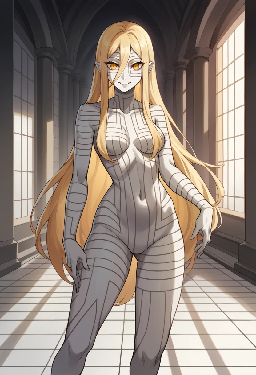 score_9, score_8_up, score_7_up, source_anime BREAK 1girl, solo,  <lora:zs_AsherahXL:1> asherasmt, long hair, blonde hair, yellow eyes, colored skin, smile, tile floor, inside temple, standing, cowboy shot