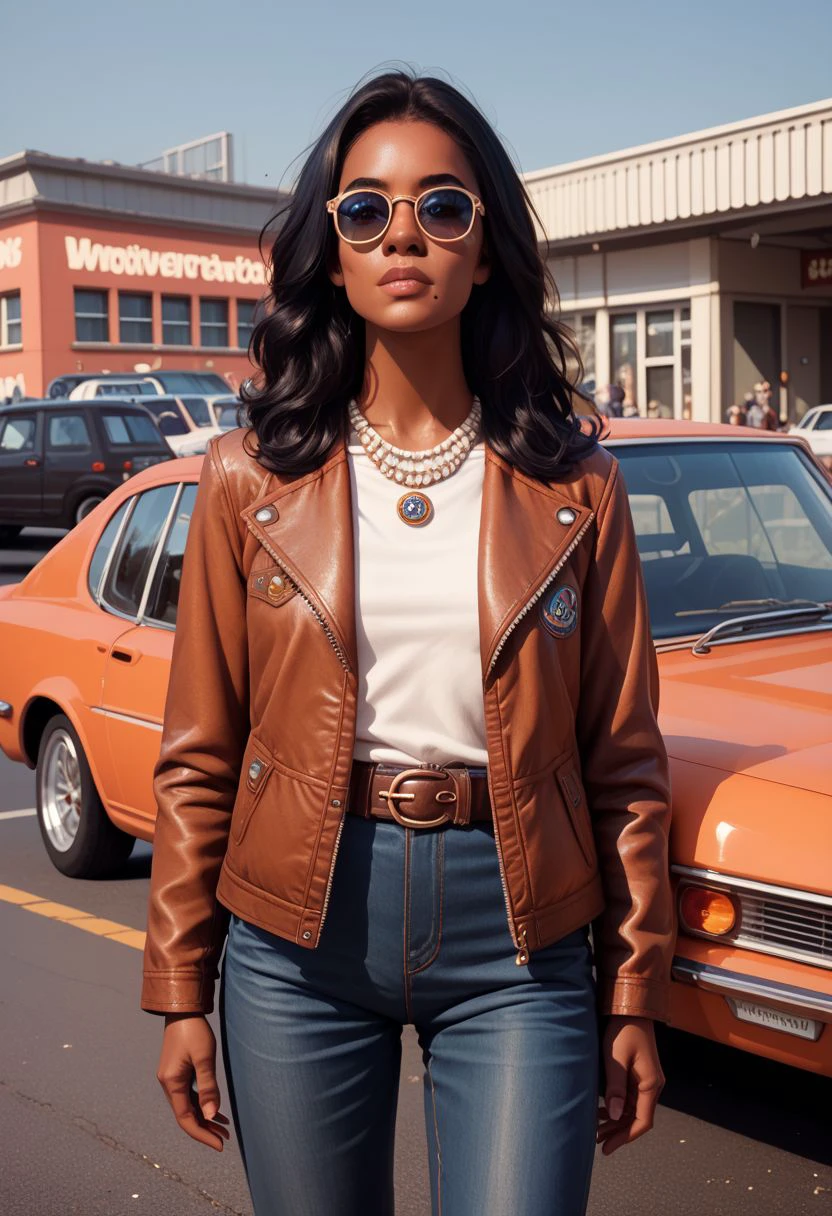 vintage americana,  1girl, solo, blue eyes, long hair, necklace, motor vehicle, jewelry, ground vehicle, mole, jacket, mole under mouth, sunglasses, cowboy shot,  belt, pants, jacket, dark skin, dark skinned female, black hair, car, shirt, , PonyXLV6_Scores zPDXL