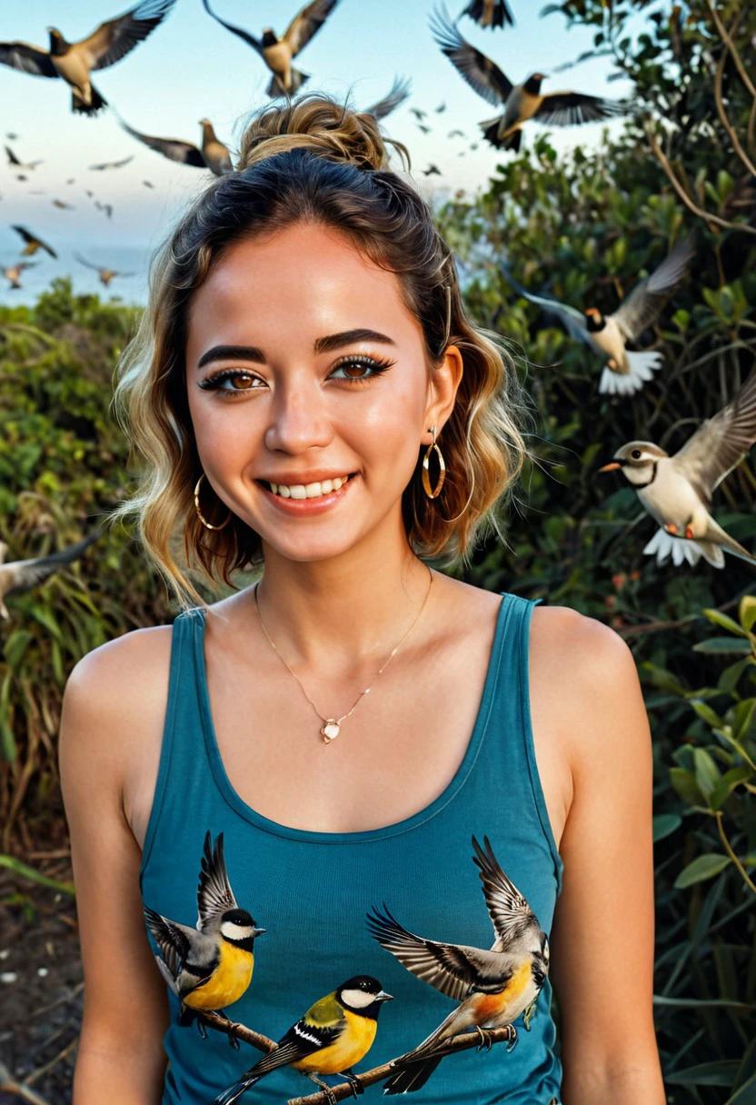 	Maya, wearing tank top, smile, eyeliner, eye shadow, makeup, surrounded by birds, 8k, very detailed