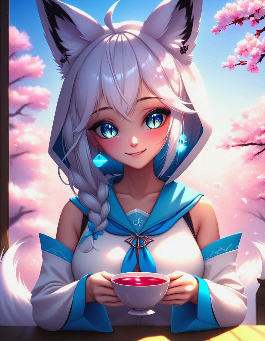 (score_9, score_8_up, score_7_up, perfect eyes),1girl,shirakami_fubuki_hololive,ahoge,animal_ear_fluff,animal_ears,aqua_eyes,blue_neckerchief,braid,breasts,cherry_blossoms,cherry_tree,cup,curtains,detached_sleeves,earrings,fox_ears,fox_girl,fox_tail,front_slit,hood,hoodie,jewelry,long_hair,long_sleeves,looking_at_viewer,looking_outside,medium_breasts,neckerchief,open_window,own_hands_together,pentagram,side_braid,sidelocks,single_braid,single_earring,smile,solo,tail,teacup,virtual_youtuber,white_hair,white_hoodie,white_sleeves,wide_sleeves,window,windowsill,<lora:shirakami-fubuki-hololive-xl:0.7>,