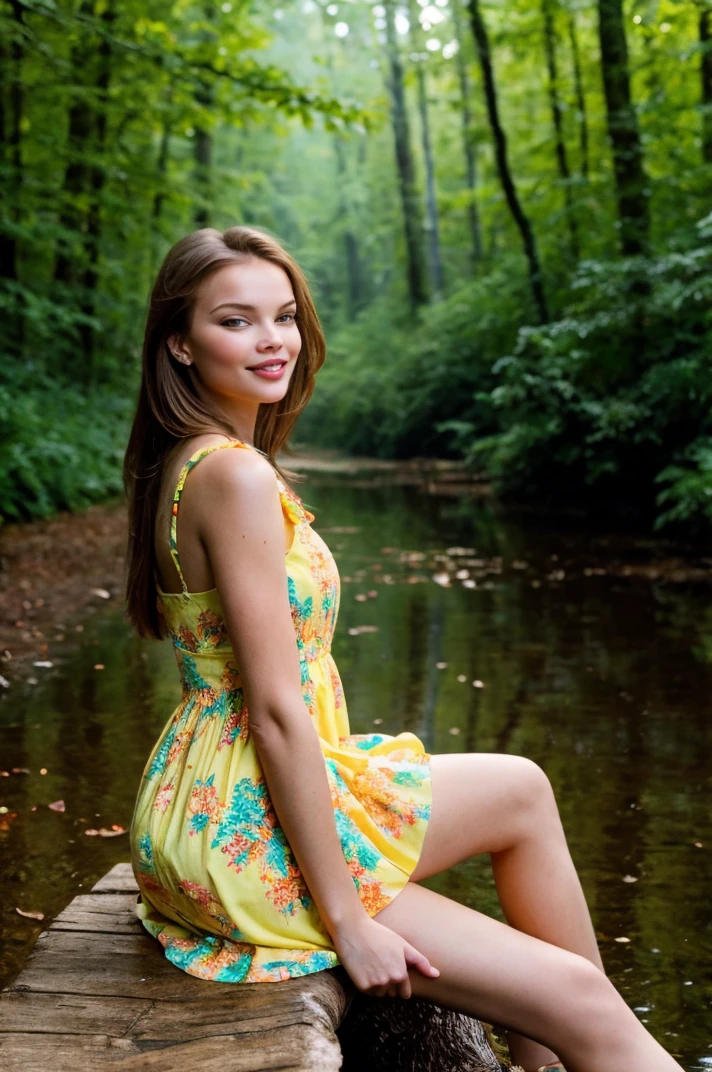 professional photo of  tv_Yulia_Polyachikhina_M, ,  , calm expression, wearing a colorful sundress, sitting on a log at a misty forest pond, golden hour, shot from the side,, 8k resolution, highres, high detail, sharp focus, detailed skin,  8k uhd, bokeh, analog photography