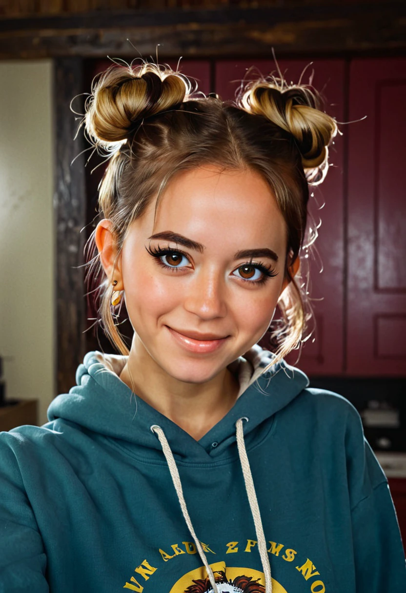 	Maya, wearing hoodie, smile, eyeliner, eye shadow, makeup, pigtails, 8k, very detailed