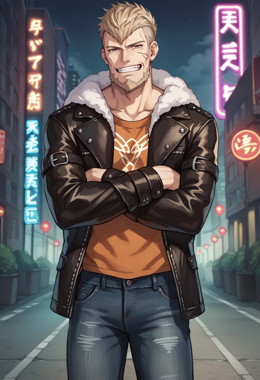 score_9, score_8_up, score_7_up, source_anime, 1boy, looking at viewer, standing, grin, crossed arms, <lora:JeraltFE-pdxl:1> jeraltFE, short hair, undercut, beard, leather jacket, fur trim, jeans, scar on face, outdoors, city, neon lights