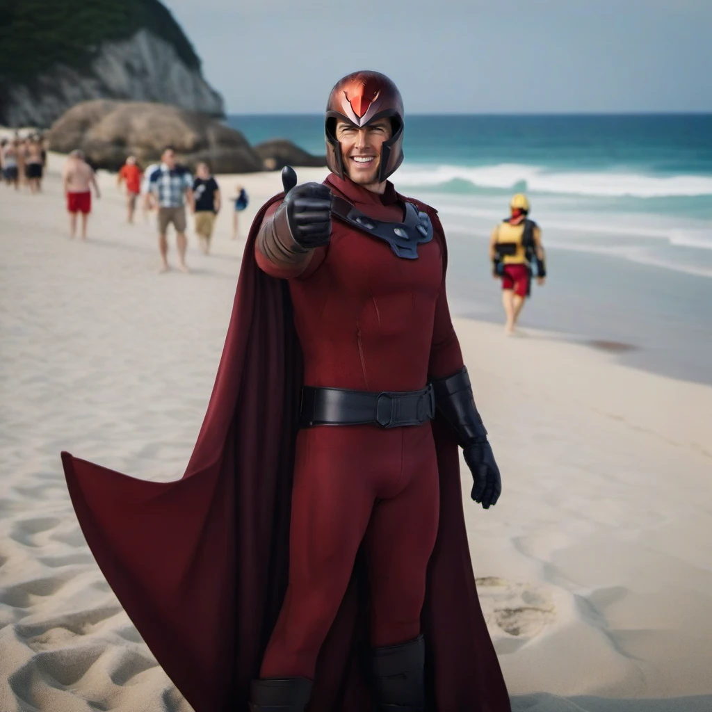 cinematic photo Tom Cruise with a helmet and a cape, smiles, thumbs up, beach background<lora:Magneto1024:0.8> . 35mm photograph, film, bokeh, professional, 4k, highly detailed