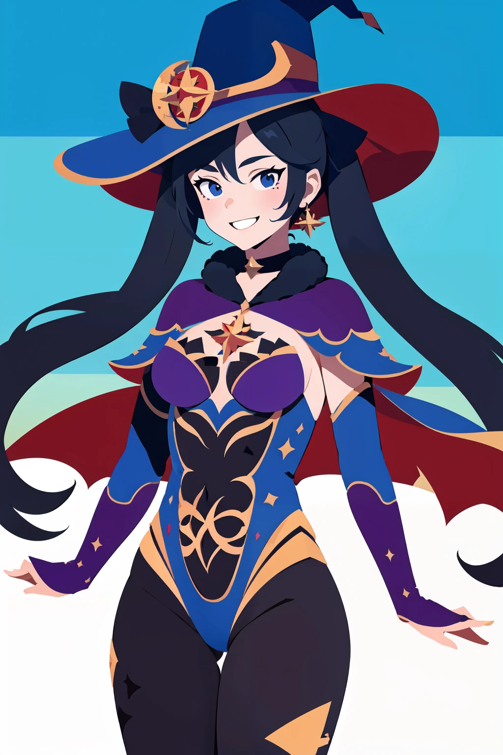 ((masterpiece,best quality)), absurdres, <lora:mona_v1:0.7>, aamona, long hair, twintails, hair ornament, black ribbon, earrings, witch hat, purple headwear, choker, cape, fur trim, gold trim, blue leotard, detached sleeves, gloves, pantyhose,  cowboy shot,  smile,  <lora:FlatAnime:0.8>,