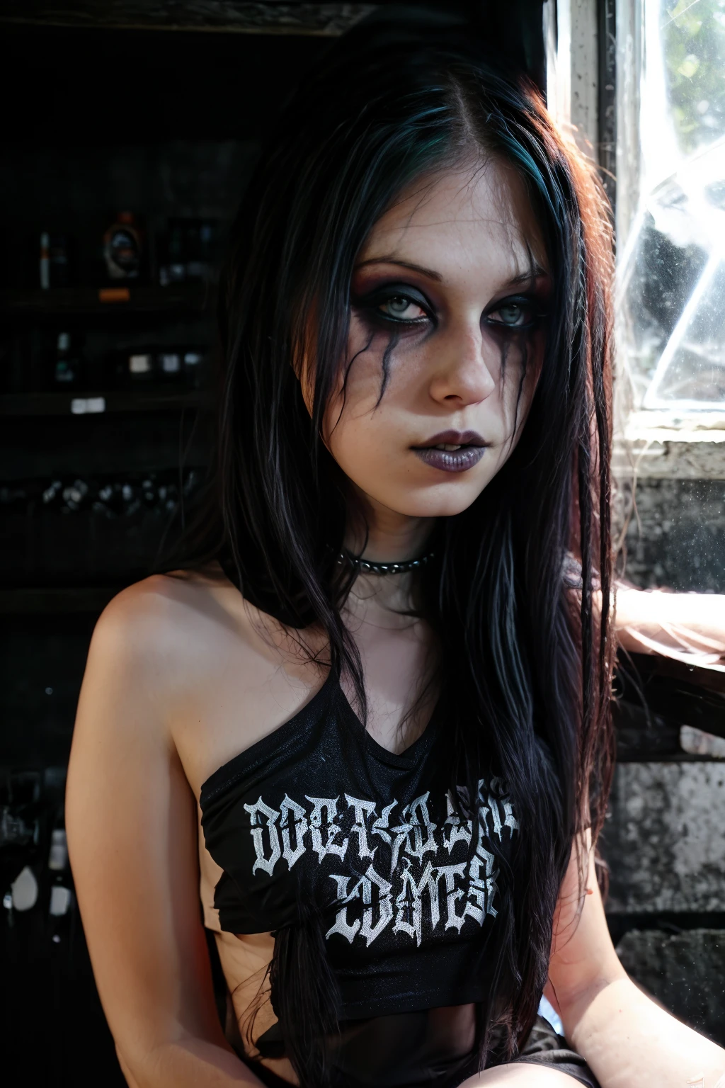 <lora:LizVicious:1>, full color portrait of a young woman, wearing a death metal t-shirt and black makeup, god rays, natural light, RAW photo, subject, 8k uhd, dslr, soft lighting, high quality, film grain, Fujifilm XT3