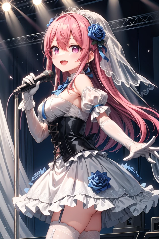 insanely detailed, absurdres, ultra-highres, ultra-detailed, best quality,
1girl, solo, nice hands, perfect hands
BREAK
(nsfw:-1.5),
(fusion of white mourning-dress and white wedding dress:1.2), (gothic dress:1.3), (light-blue and white theme:1.3), ((white mourning-veil, white see-through wedding-veil):1.5), ((white latex corset, light-blue breast-cup):1.4), (short puff-sleeve:1.3), ((white collar, tie-bow):1.3), ((ruffle-skirt, multilayer-skirt):1.4), ((stockings, garter belt):1.3), (see-through long gloves:1.3), (blue rose decoration on head:1.3), (high heels:1.1)
BREAK
happy smile, laugh, open mouth, (standing, singing, dancing, holding microphone:1.4)
BREAK
from side,
cute pose, cowboy shot
BREAK
slender, kawaii, perfect symmetrical face, ultra cute girl, ultra cute face, ultra detailed eyes, ultra detailed hair, ultra cute, ultra beautiful
BREAK
indoors, concert hall, idol live, crowded audience
BREAK
medium large breasts
BREAK
pink hair, pink eyes, chignon, hair between eyes