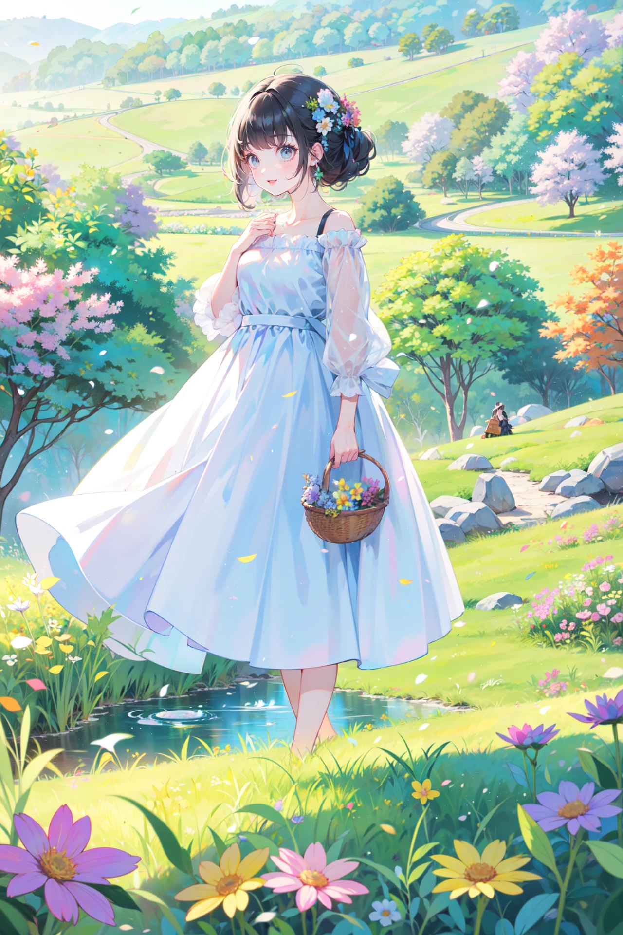 ((best quality, masterpiece, absurbres, super-resolution)), Green grassland, gentle meadow, mystical landscape, colorful flowers