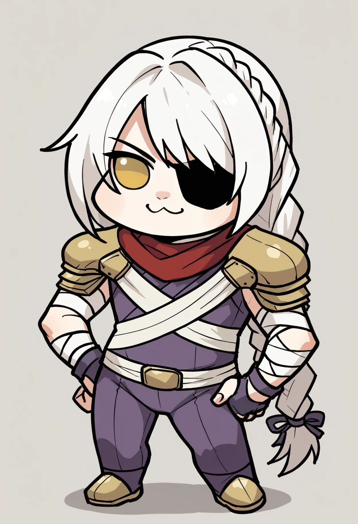 score_9, score_8_up, score_7_up,  assassin-ro,  solo,  <lora:Assassin-PDXL-RO:1>, shoulder armor, gloves, armor, face mask, bandages, fingerless gloves, red scarf,  white hair, yellow eyes,  pants,  long hair, purple bodysuit,  standing,  braided ponytail, hair over shoulder,  eye patch, hand on one hip, bangs, smirk, hands on hips, doro, creature, chibi, :3, no humans, solid circle eyes, no pupils, <lora:Doro_X_PDXL_V1:1>