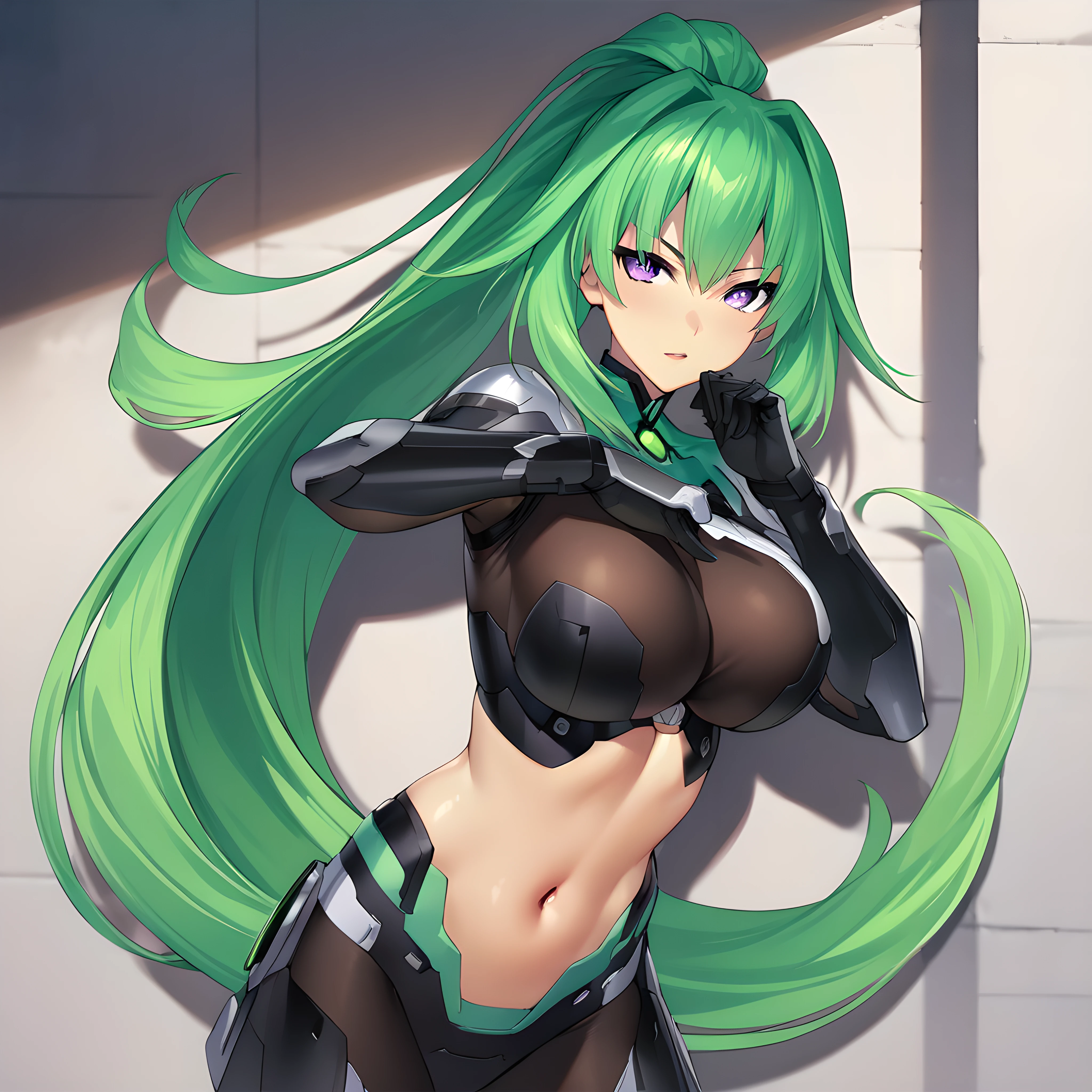 (masterpiece),(best quality),(ultra-detailed),(best illustration),(best shadow),(absurdres),(detailed background),(very aesthetic), green heart, whiteform, 1girl, breasts, long hair, green hair, solo, purple eyes, power symbol, navel, ponytail, large breasts, very long hair, symbol-shaped pupils, fighting pose, <lora:XL-GreenHeartv0.5:1>