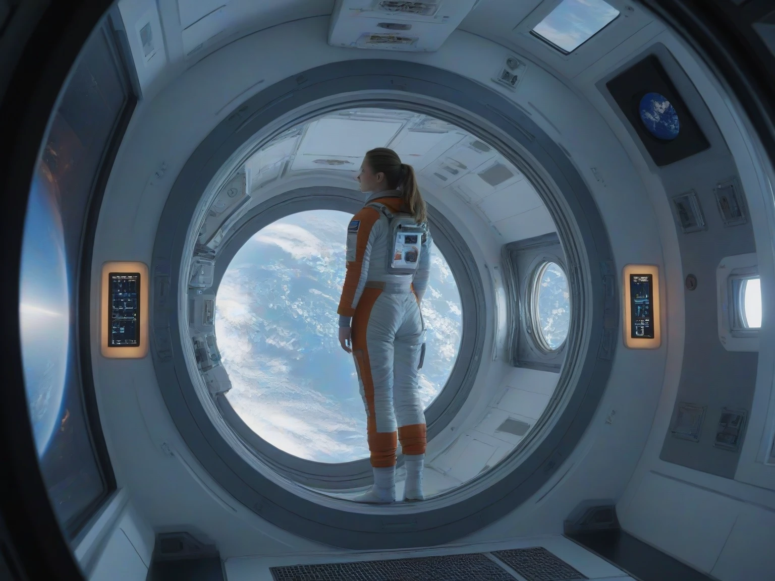 <lora:JJsScifiStyle_XL:.4>, ((Scifi Style)), ((masterpiece)), ((best quality)), scenery, real world location, realistic, high detailed, reflection, dramatic lighting,  (indoor) , 1girl,  space suit,  window,outspace, star,  monitor, screen,curvy, ((zero gravity)), cooridor, weightless flight, space station,