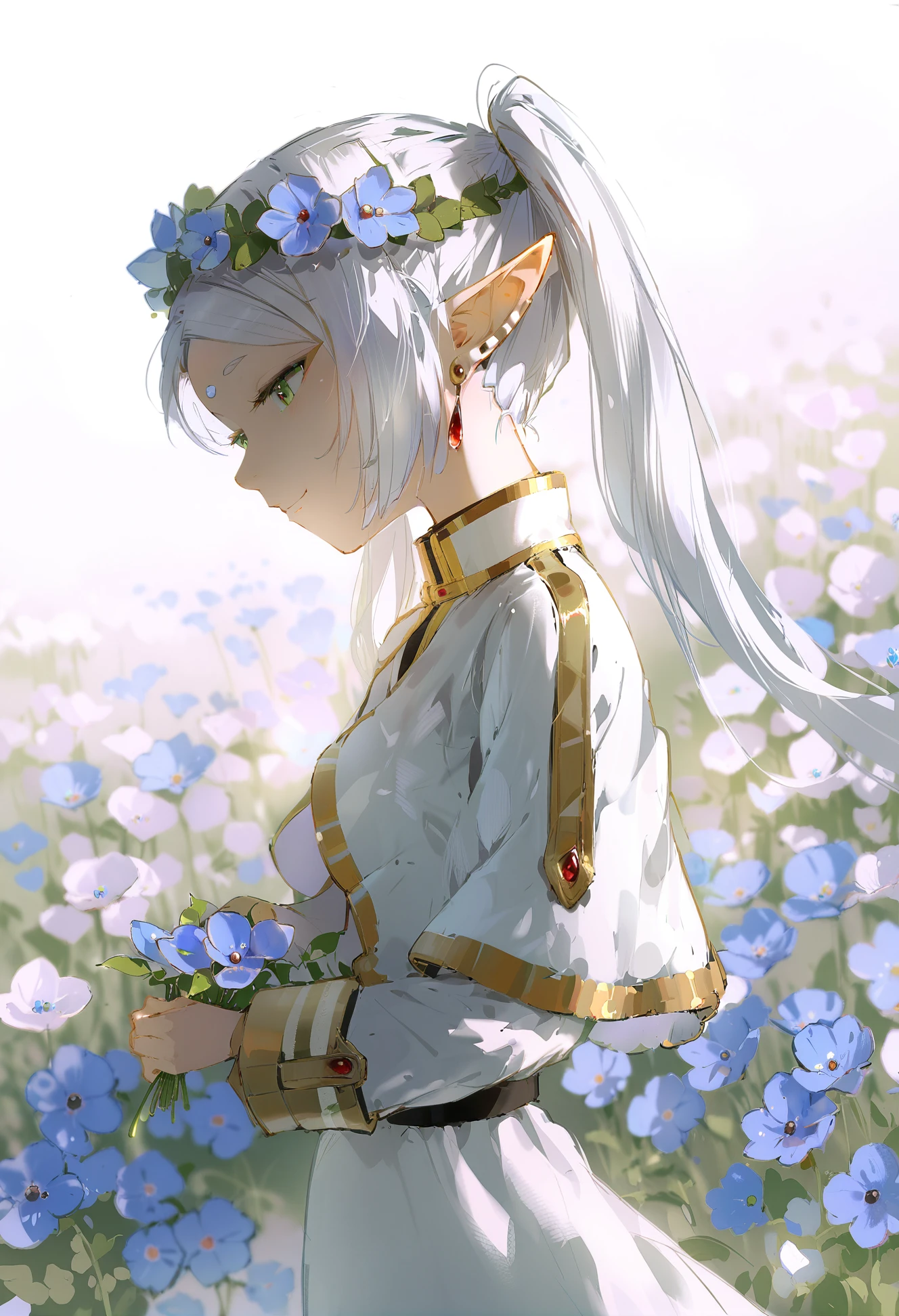 masterpiece, best quality,
1girl, frieren,
solo, elf, jewelry, earrings, pointy ears, twintails, capelet, long hair, green eyes, holding, flower, holding flower, long sleeves, from side, white capelet, white hair, profile, closed mouth, dress, smile, head wreath, upper body, white background, very long hair, flower field, looking up, field, nemophila \(flower\), parted bangs, half-closed eyes, white dress, outdoors
<lora:DInoballXLlokr8f-000185:0.95>