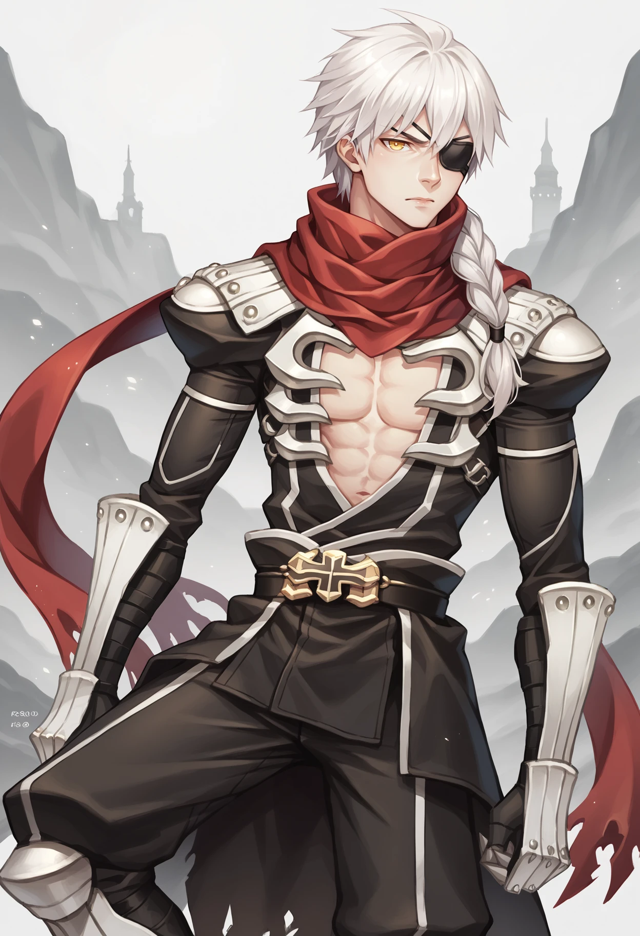 score_9, score_8_up, score_7_up,  assassincross-ro, 1boy, solo,   <lora:AssassinCross-PDXL-RO:1>, scarf, shoulder armor,  red scarf, open shirt, gauntlets, vambraces, boots, yellow eyes, long hair, white hair, black clothes,  braided ponytail, eye patch, white armor, greaves,  boots,  bangs,  hair over shoulder