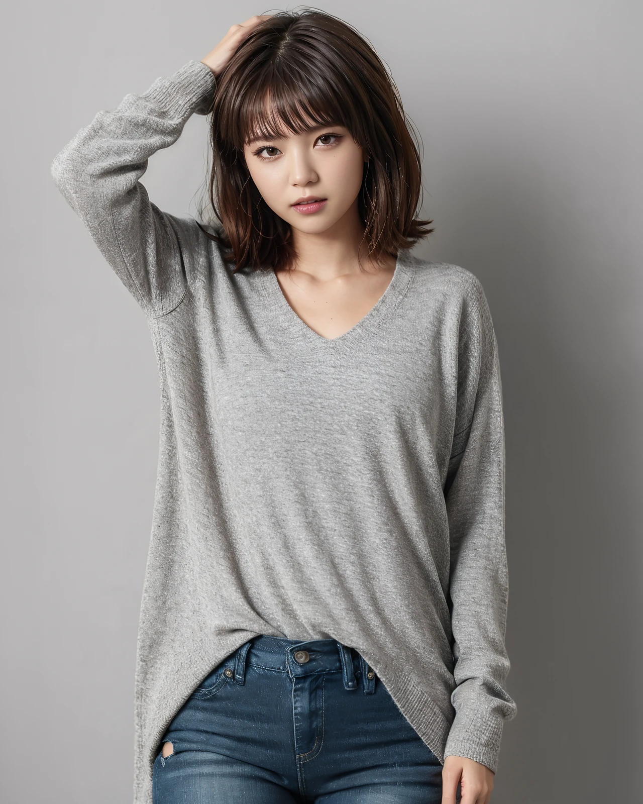 (best quality:1.5), (realistic:1.2), fashion photography, 1girl, bangs, (skin pores), (texture skin), flat chest, skinny, light grey sweater, v-neck grey sweater, untucked sweater, (light blue jeans), white background, <lora:outfit-v-neck_grey_sweater:0.8>