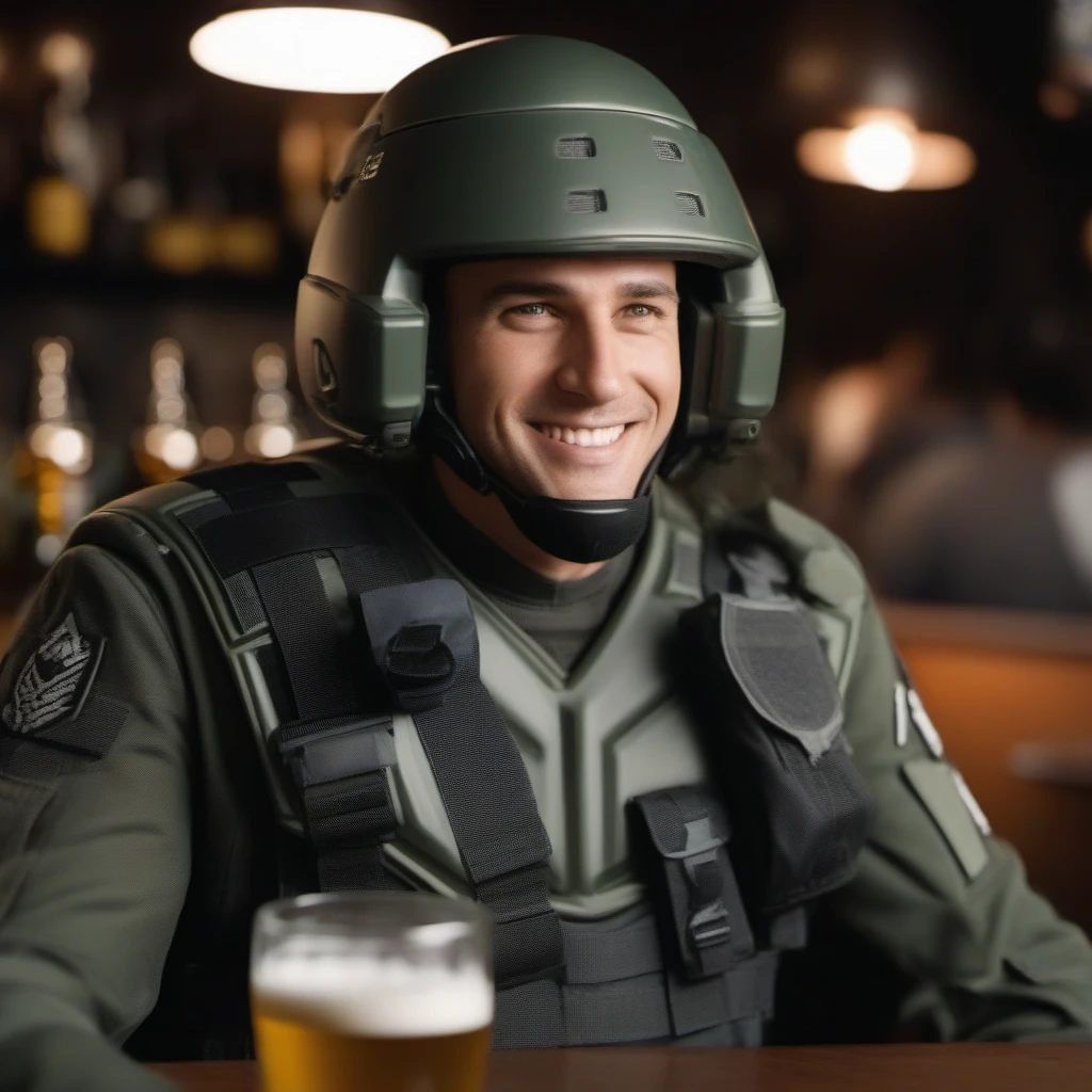 cinematic photo a man with a army suit and a helmet having a beer in a pub, text ''I'm doing my part'' <lora:StarshipTroopers1024:0.8> . 35mm photograph, film, bokeh, professional, 4k, highly detailed