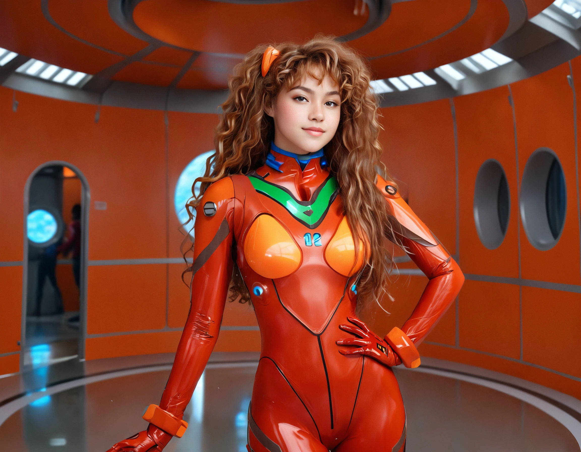 a beautiful (woman:1.5) with (brown skin and curly hair:1.2),
wearing tight orange outfit
stands in a feminine pose
in a futuristic spaceship
fantastic background, matching details flying around
masterpiece, high quality, intricated, 8k uhd, cinematic, trending on artstation, dramatic lighting
asukange