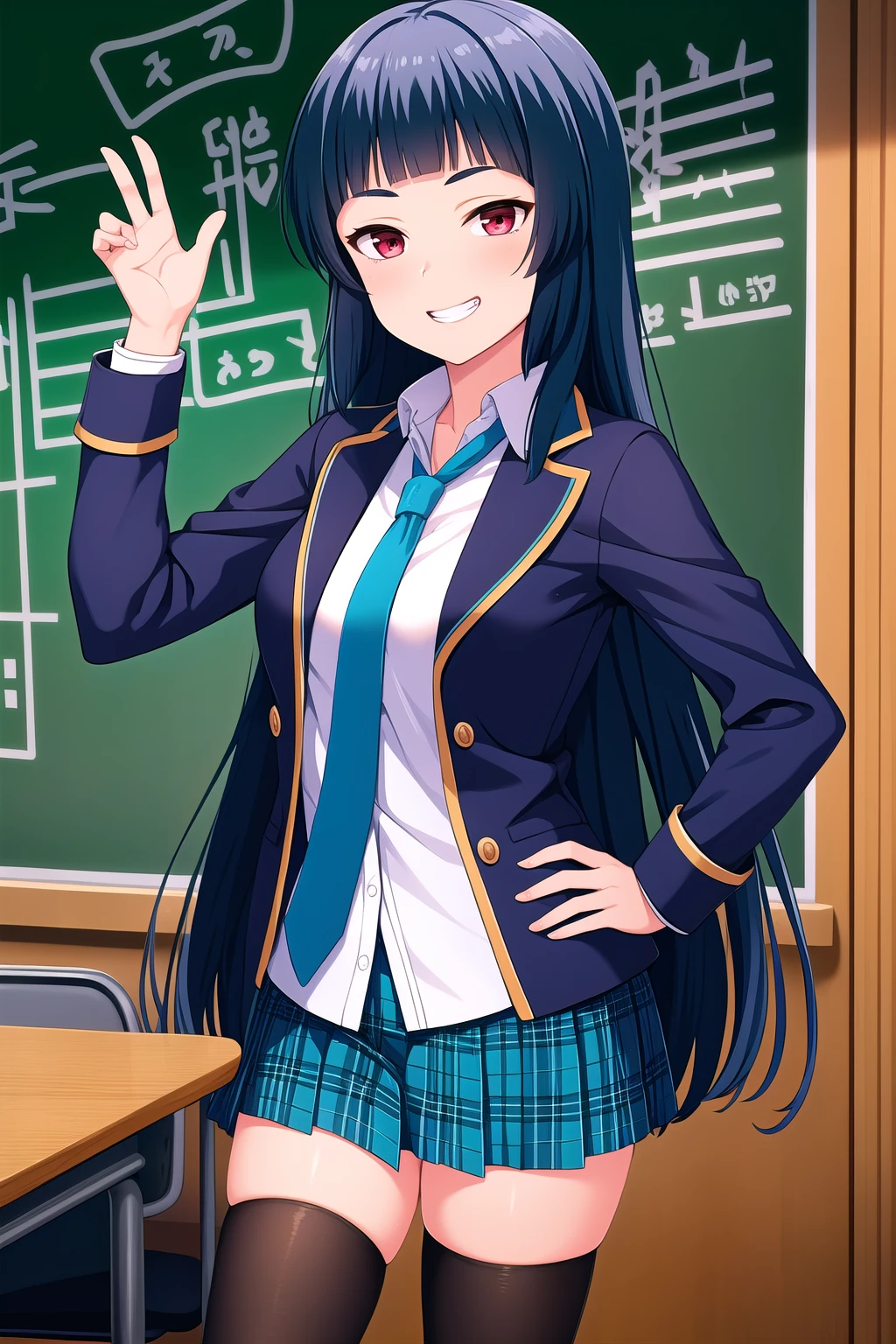 (masterpiece, best quality), highly detailed background, perfect lightingbest quality, kurokawanagiko, solo, indoor, classroom, dark blue hair, blunt bangs, very long hair, red eyes, medium breasts, blue jacket, blazer, blue necktie, white shirt, left hand on hip, right hand up, blue skirt, plaid skirt, black thighhighs, school uniform, smile, grin, pink lips, <lora:Kurokawa-Nagiko:0.7>