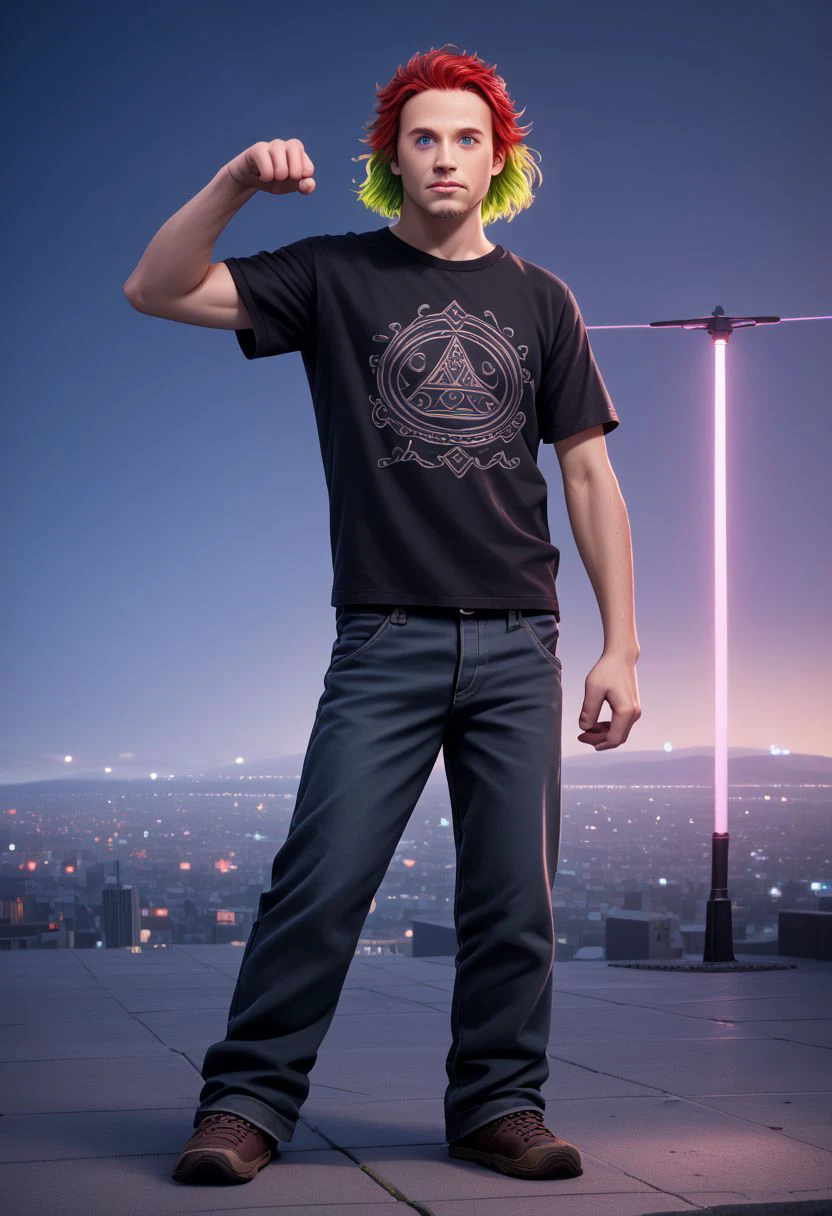 spltzz, 1boy, solo, male focus, (norse god loki), two tone hair, red hair, green hair, short hair, heterochromia, purple eyes , side lighting, lustrous skin, tshirt, pants, detailed hair, detailed face, wide shot, full body, city view, flying pose, night sky, outrun, electric light wires, neon outlines, illustrated,