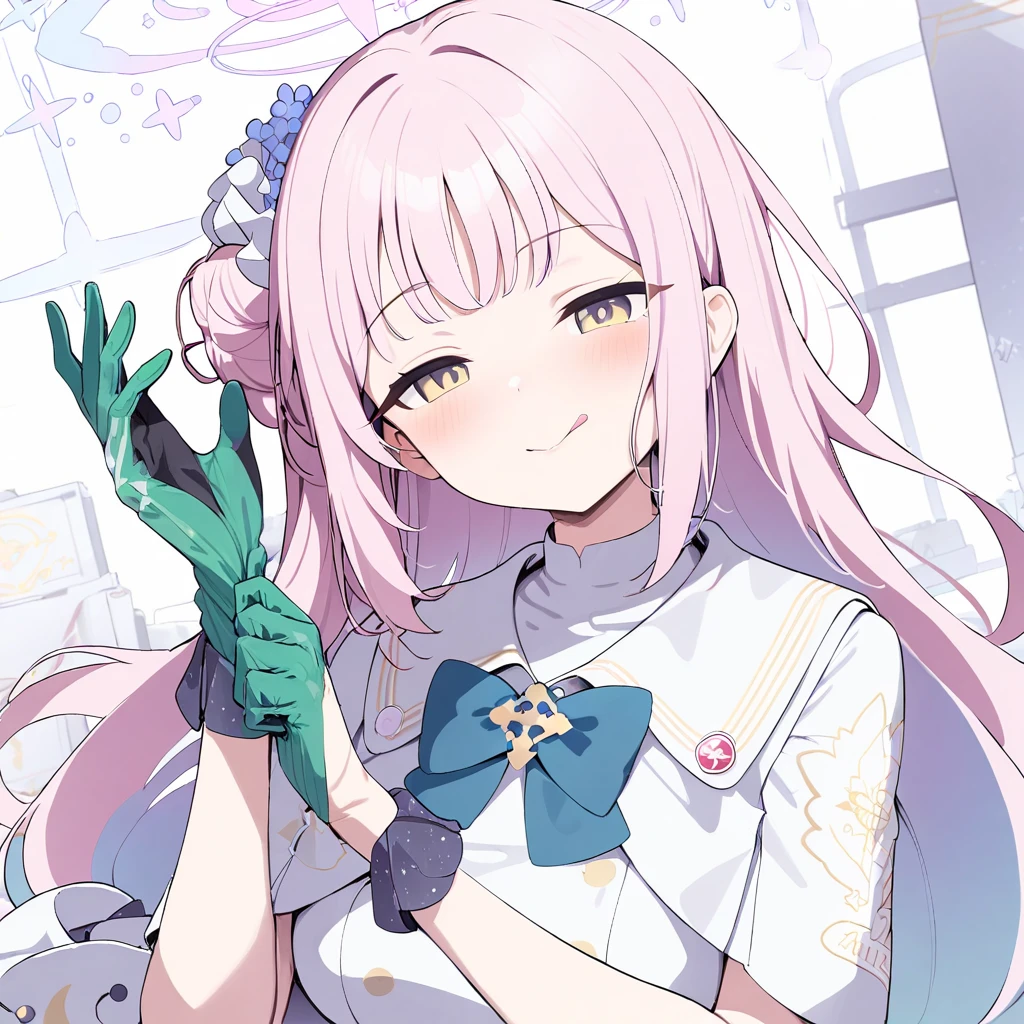 1girl,mika \(blue archive\),adjusting gloves,gloves,:q,green gloves,licking lips,masterpiece, best quality, very aesthetic, absurdres ,      <lora:adjusting glove XL-v1:1>