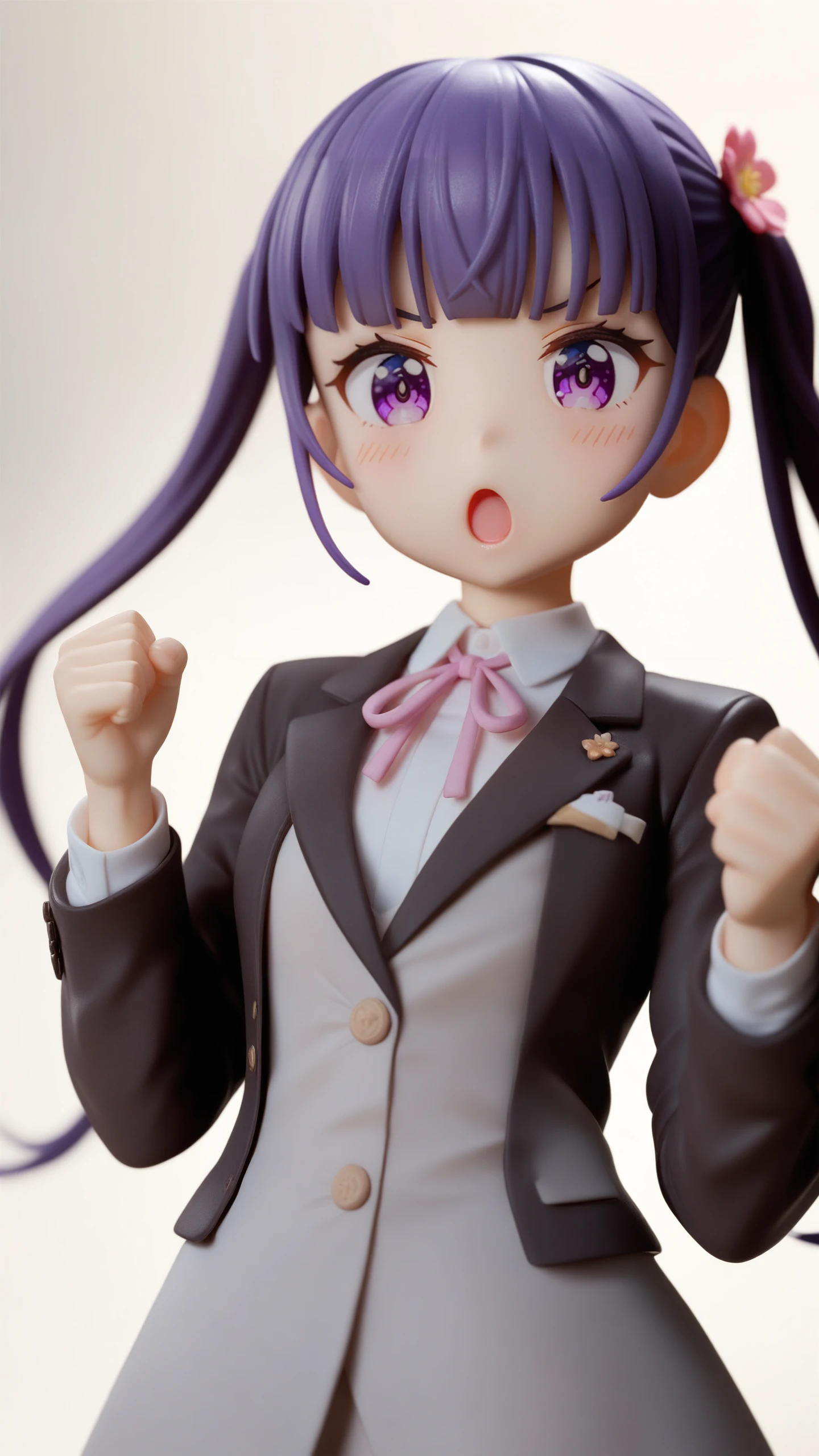 surreal,amazing quality,masterpiece,best quality,awesome,inspiring,cinematic composition,soft shadows,Film grain,shallow depth of field,highly detailed,high budget,cinemascope,epic,color graded cinematic,atmospheric lighting,imperfections,natural,shallow dof,
suzukaze aoba, 1girl, solo, twintails, purple eyes, long hair, white background, purple hair, shirt, looking at viewer, open mouth, simple background, ribbon, neck ribbon, jacket, white shirt, hair ornament, upper body, collared shirt, clenched hands, long sleeves, flower, blush, hair flower, suit, pink ribbon, formal, :o, v-shaped eyebrows, blunt bangs, dress shirt