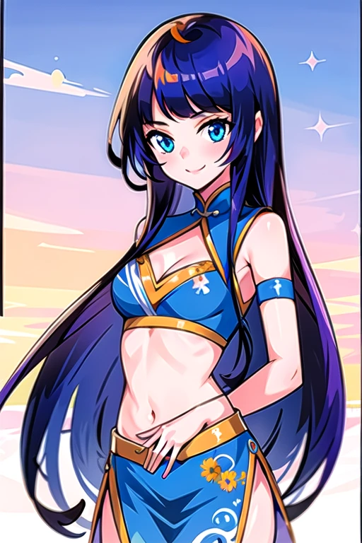 masterpiece, best quality, highres,cowboy shot,xiao_xun'er,small-medium breast,chinese dress,crop top, cleavage,side slit dress,dark blue hair,blue eyes,long hair,smilling,looking at viewer,random pose,  <lora:Xiao_xuner_manga:1>