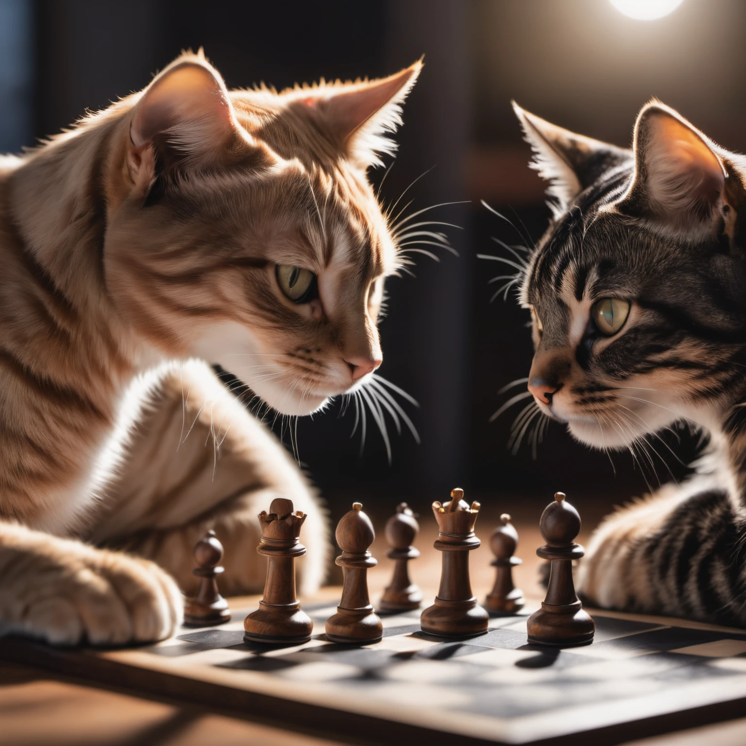 photo of 2 cats playing chess, detailed light, high quality photography, 3 point lighting, flash with softbox, 4k, Canon EOS R3, hdr, smooth, sharp focus, high resolution, award winning photo, 80mm, f2.8, bokeh