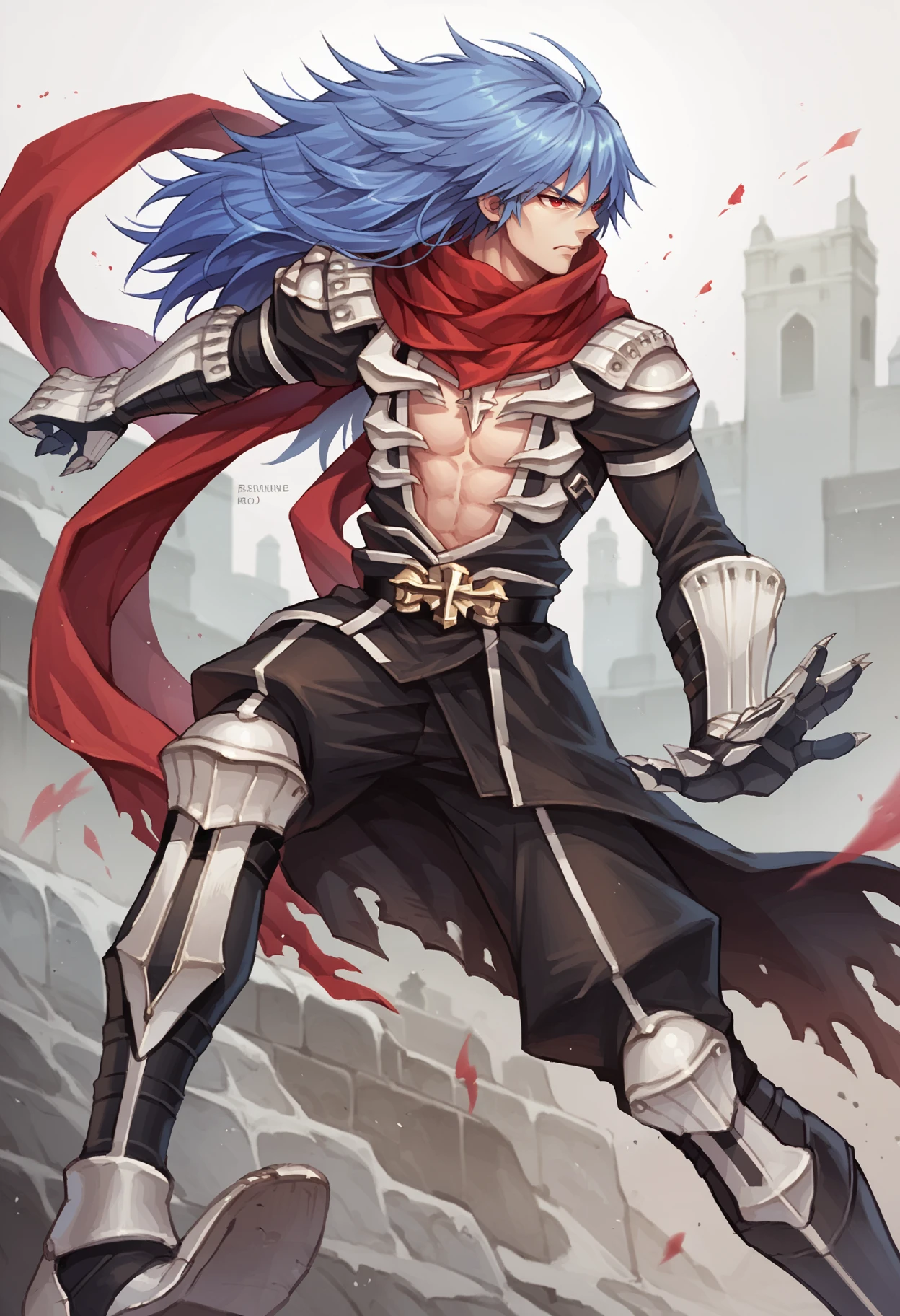 score_9, score_8_up, score_7_up,  assassincross-ro, 1boy, solo,   <lora:AssassinCross-PDXL-RO:1>, scarf, shoulder armor,  red scarf, open shirt, gauntlets, vambraces, boots, red eyes, long hair, blue hair, black clothes,  white armor, greaves, action pose, boots,  holding sword