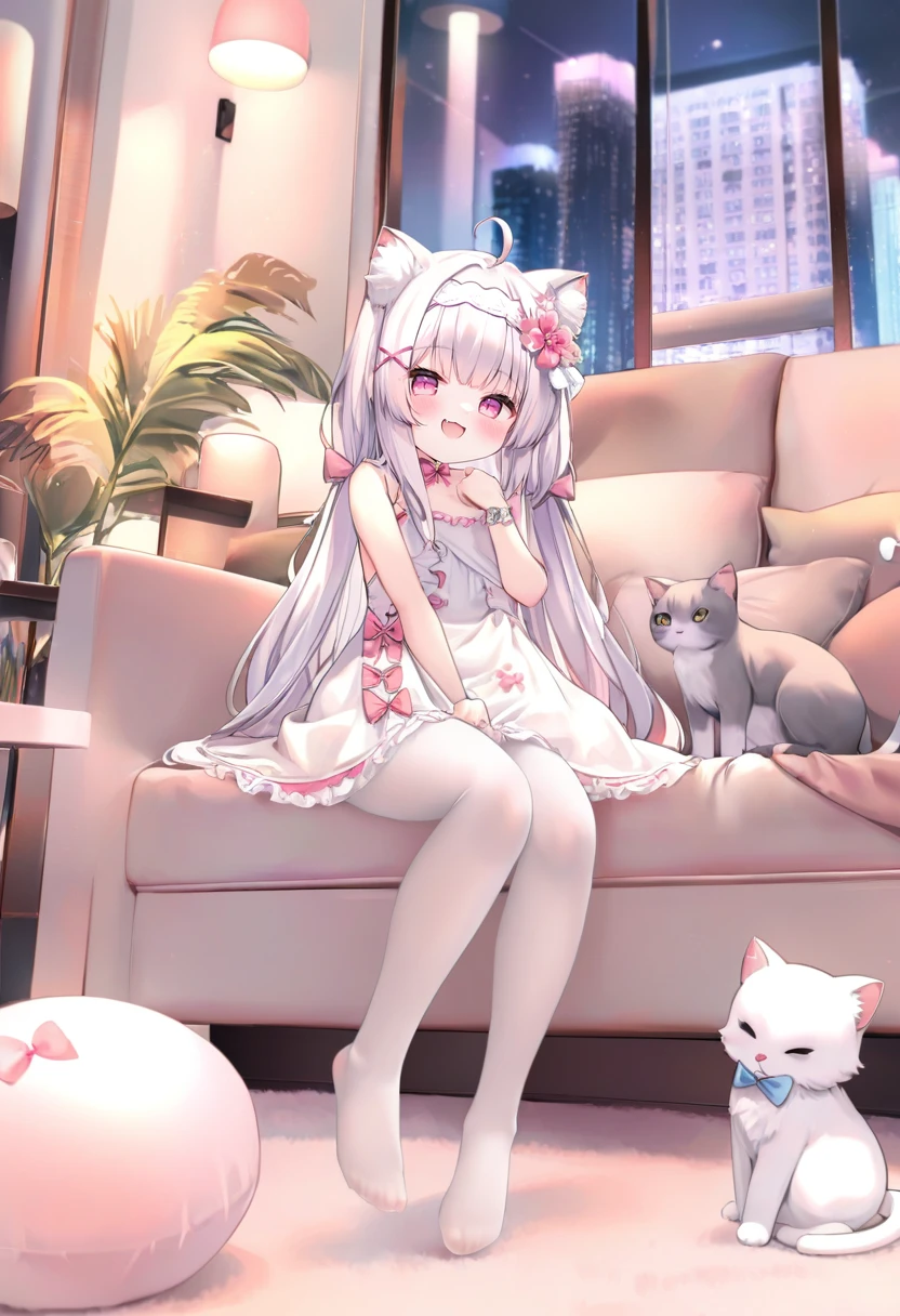 best quality, masterpiece, <lora:caoXL_JRU2_lokr_V4236:0.95> 1girl, animal ears, pantyhose, cat, tail, no shoes, cat ears, white pantyhose, cat tail, cat girl, soles, feet, couch, animal ear fluff, long hair, dress, braid, indoors, white dress, smile, solo, looking at viewer, on couch, ahoge, toes, hair ornament, open mouth, sleeveless, fang, sleeveless dress, white hair, bow, sitting, :d, blush, animal, hair flower, flower, purple eyes, bare arms, hair bow, x hair ornament, legs, bare shoulders, pink eyes, pink bow, hairband, very long hair, full body, heart, tail raised