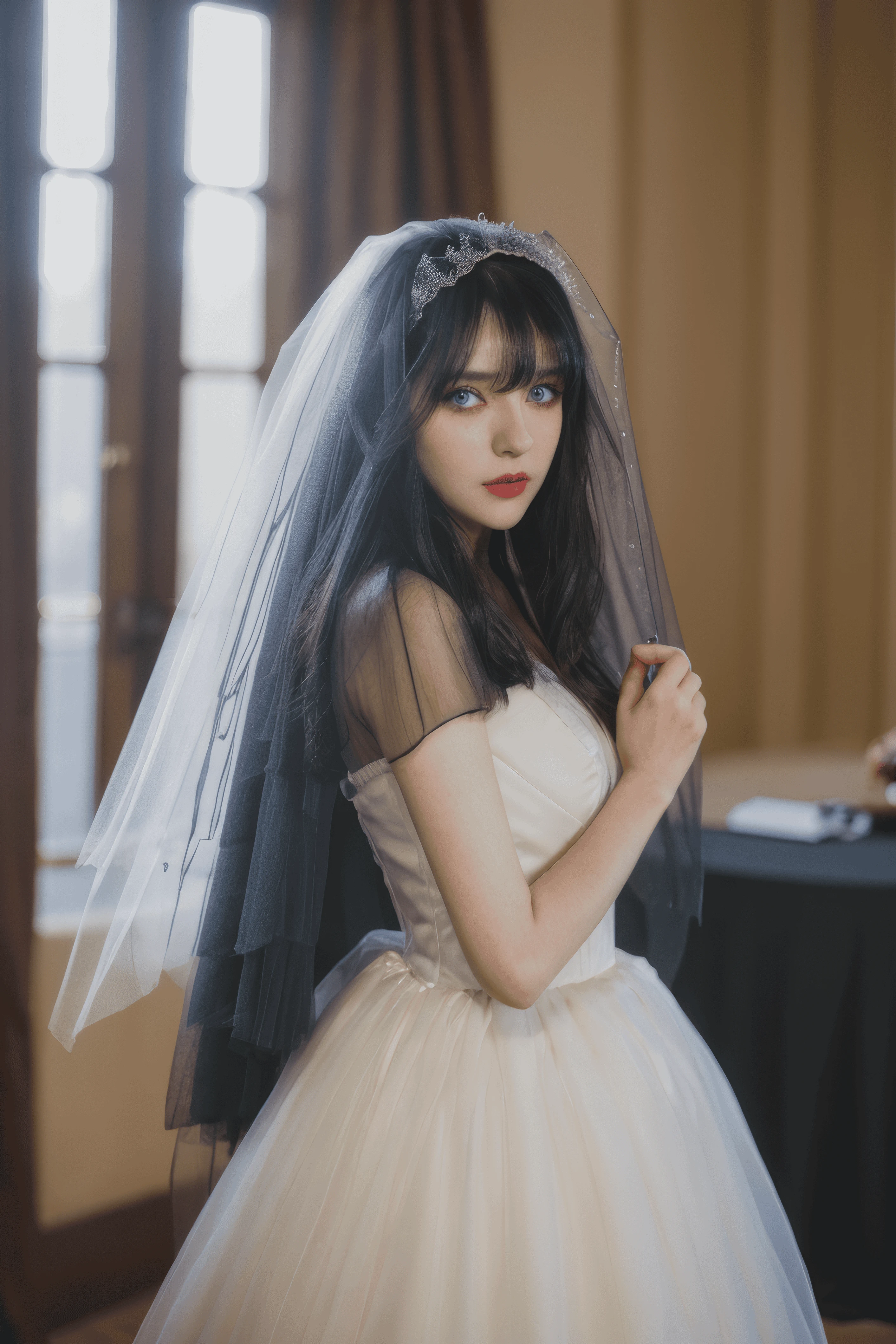 1girl, black veil, solo, black hair, bangs, long hair, portrait, closed mouth, realistic, blue eyes, lips, looking at viewer, blurry, dress, upper body, dark veil, <lora:lachesishd.safetensors:1.0>, lachesis, <lora:Perfect Hands v2.safetensors:1.0>, lachesis face, dark veil, little smile