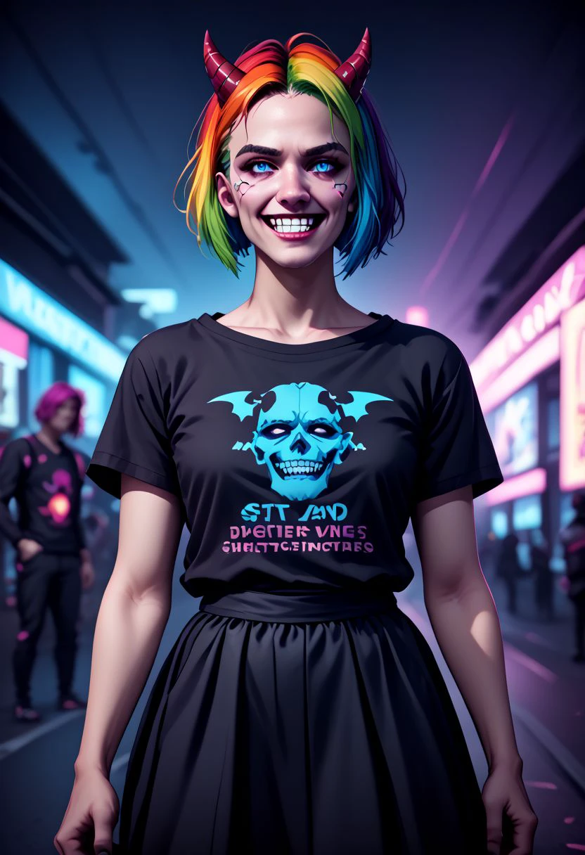 spltzz, 1person, nonbinary, black shirt, long skirt, short hair , multicolored hair, rainbow hair, blue eyes, demonic grin, horns, dystopian vibes, cyberpunk, synthwave theme, zoom out, depth of field, cinematic lighting, zPDXL  PonyXLV6_Scores