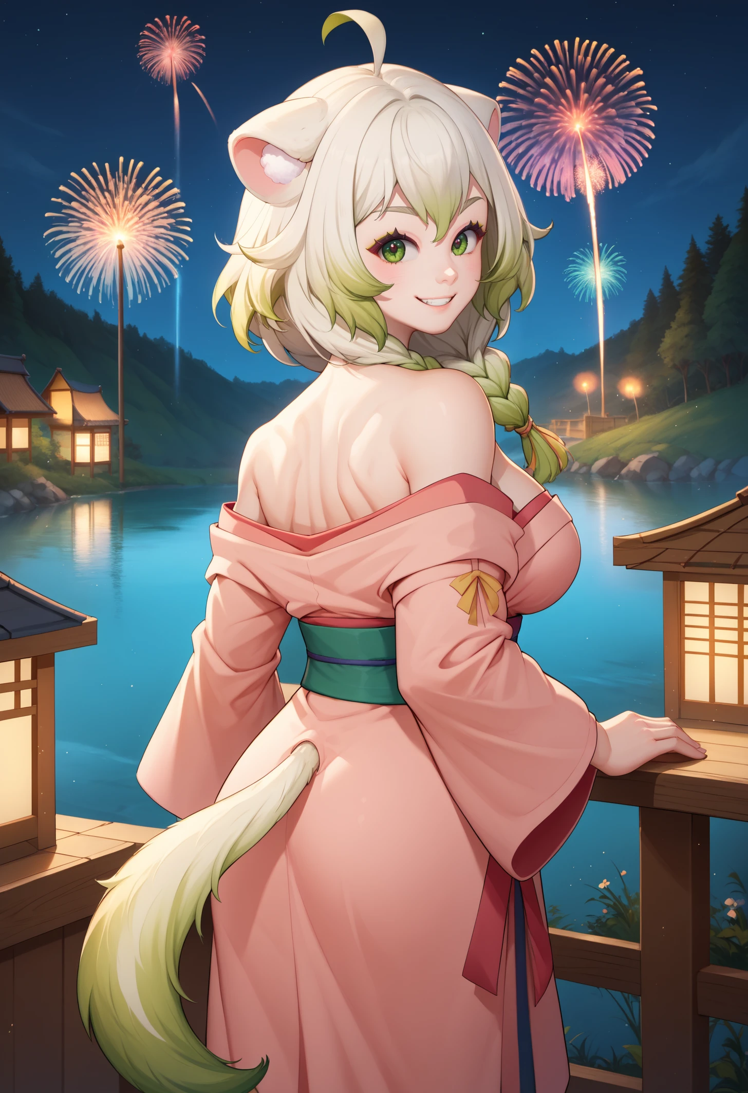 score_9, score_8_up, score_7_up, BREAK 1girl, solo, LaimuVT, green eyes, animal ears, tail, multicolored hair, medium hair, single braid, breasts, <lora:LaimuPDXL_V1-Manityro-CAME:1.0>, outdoors, night, dark, fireworks, river,
looking at viewer, looking back, smile, cowboy shot, muscular, biceps, rear view,
pink kimono, off shoulder,