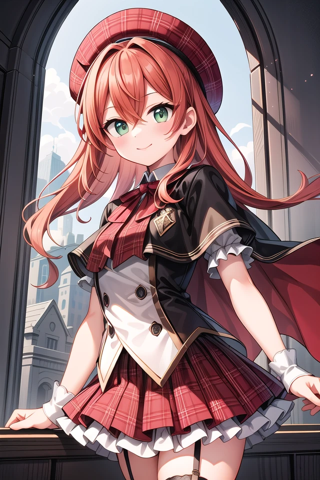 insanely detailed, absurdres, ultra-highres, ultra-detailed, best quality,
1girl, solo, nice hands, perfect hands
BREAK
(nsfw:-1.5),
(gothic drress, Idol costume:1.3), (red and white theme:1.2), (white blouse:1.4), (white collar, tie:1.3), (open short-cape:1.3), (short sleeve:1.2), (red tartan-check pattern (ruffle-skirt, multilayer-skirt):1.4), (white basque-beret with ribbon:1.3), (Fishnet stockings:1.3), (glove:1.2), (cleavage:-1.5)
BREAK
happy smile, laugh, closed mouth,
from below,
cute pose, cowboy shot, looking at viewer
BREAK
slender, kawaii, perfect symmetrical face, ultra cute girl, ultra cute face, ultra detailed eyes, ultra detailed hair, ultra cute, ultra beautiful
BREAK
on hilltop, mountainscape, mountain,
depth of field, ultra detailed background,
(very wide, panorama view, sense of depth, magnificent view:1.3)
BREAK
medium large breasts
BREAK
(orange hair, green eyes), long hair, hair between eyes