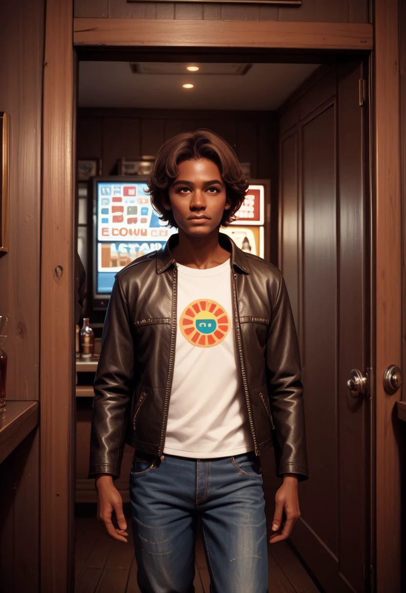 vintage americana, 1boy, male focus, leather jacket, bar (place), television,  denim pants, portrait, reflection, short hair, brown eyes, dark skin, dark skinned male, brown hair,  door, shirt, PonyXLV6_Scores zPDXL