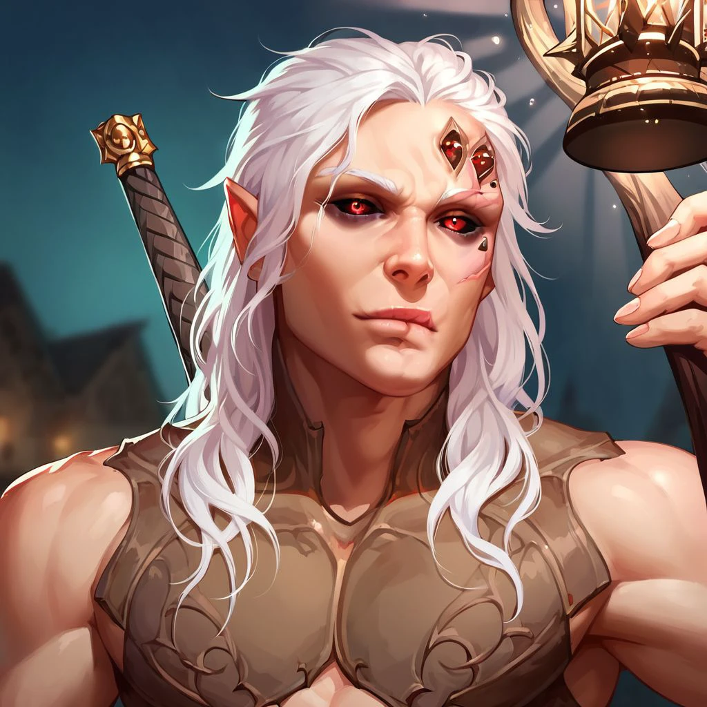 a close up of rpg character, portrait of an old man in chainmail bra, armored bra, chainmail, woman breast, naked shoulders, sword in hand, shining sword, correct hands, brown cloak, grey gloves, strong character, dungeons & dragons character portrait, ultra high detail