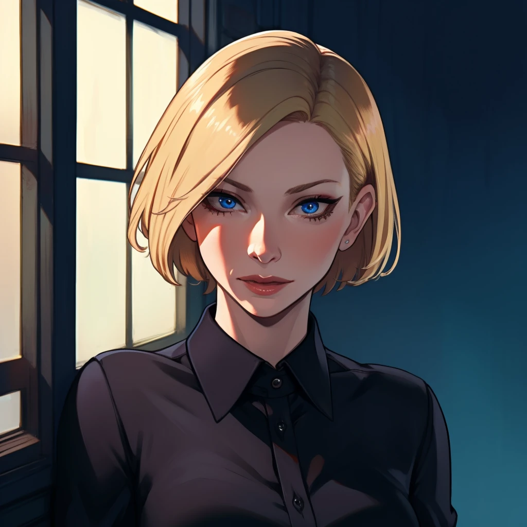 p Best_QualityPos, RAW photo, intricate details, best quality, 8k uhd, soft lighting, 1girl, solo, cate blanchett, blue eyes, blonde hair, short hair, black collared shirt <lora:Cate_Blanchett:0.7> <lora:exposure_control_v10:-0.5>