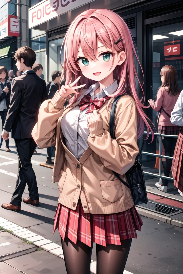 insanely detailed, absurdres, ultra-highres, ultra-detailed, best quality,
1girl, solo, nice hands, perfect hands
BREAK
(School Uniforms:1.2), (pink cardigan is fit body:1.4), ((do up a buttons, not loose):1.5), ((long sleeve, sleeves past wrists):1.2), (inner wear is white collared-shirt:1.3), (red plaid-pattern bow:1.3), (red plaid-pattern pleated skirt:1.3), ((dark-brown pantyhose, loafers):1.2)
, (nsfw:-1.5)
BREAK
happy smile, laugh, open mouth
BREAK
,
standing, cowboy shot, looking at viewer
BREAK
slender, kawaii, perfect symmetrical face, ultra cute girl, ultra cute face, ultra detailed eyes, ultra detailed hair, ultra cute, ultra beautiful
BREAK
shibuya, akihabara, tokyo, street, crowd, cityscape, depth of field, ultra detailed background
BREAK
medium breasts
BREAK
red hair, green eyes, long hair, hair between eyes