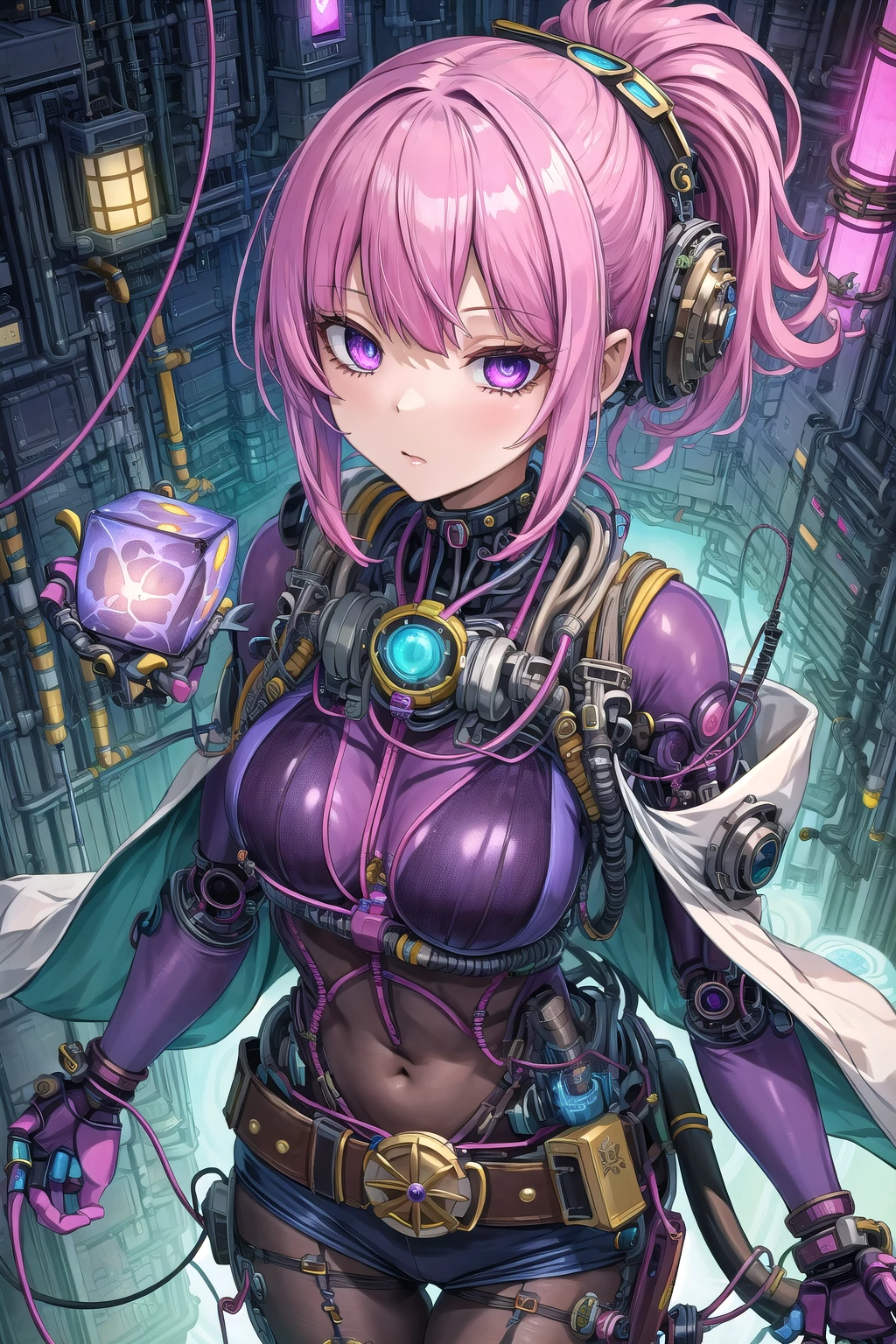 (Masterpiece), (highres), 8k, hyperdetailed, deep depth of field, motion blur, hirom1tsu, low ponytail, long hair, hair between eyes, hyperrealistc, hypnotizing purple eyes, mature female, bodysuit, blue and pink hair, goggles, steampunk, rajah hair, belt, perfect female figure, gorgeous, cybernetic woman, nature, overgrown, augmentation, cable, wire, futuristic, sci-fi, metallic skin, chrome, cube, glowing, sci-fi, otherworldly, upper body, half-closed eyes, serene, alien architecture, scenery,sugar_rune,rha30,saba_styl3,traditional media<lora:EMS-52430-EMS:0.100000>, <lora:EMS-348304-EMS:0.300000>, <lora:EMS-351225-EMS:0.300000>, <lora:EMS-318001-EMS:0.400000>, <lora:EMS-91280-EMS:0.400000>, <lora:EMS-352161-EMS:1.100000>